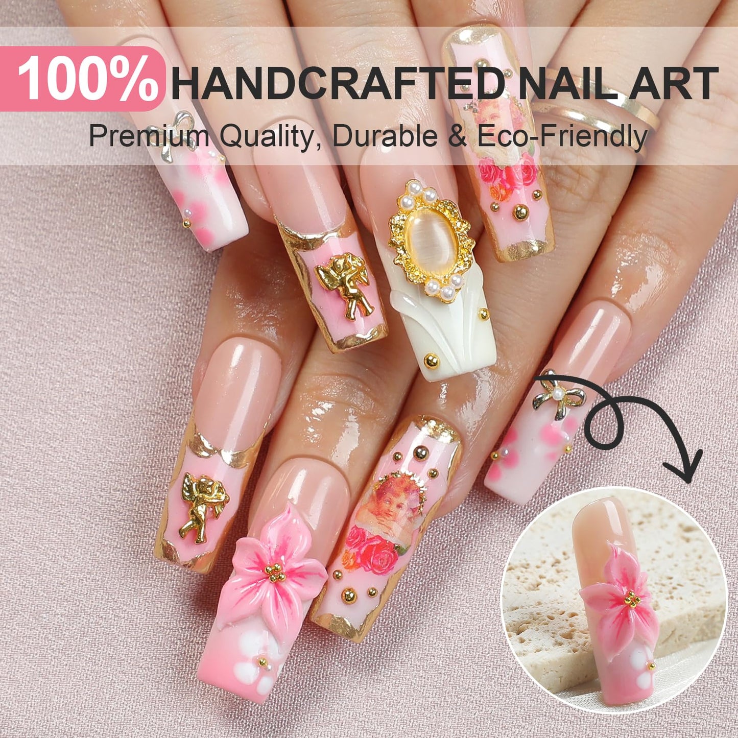 Homsera Elegant Press on Nails - 3D Pink Rose Design Luxury Glossy False Nails for Women French Manicure Full Cover Reusable