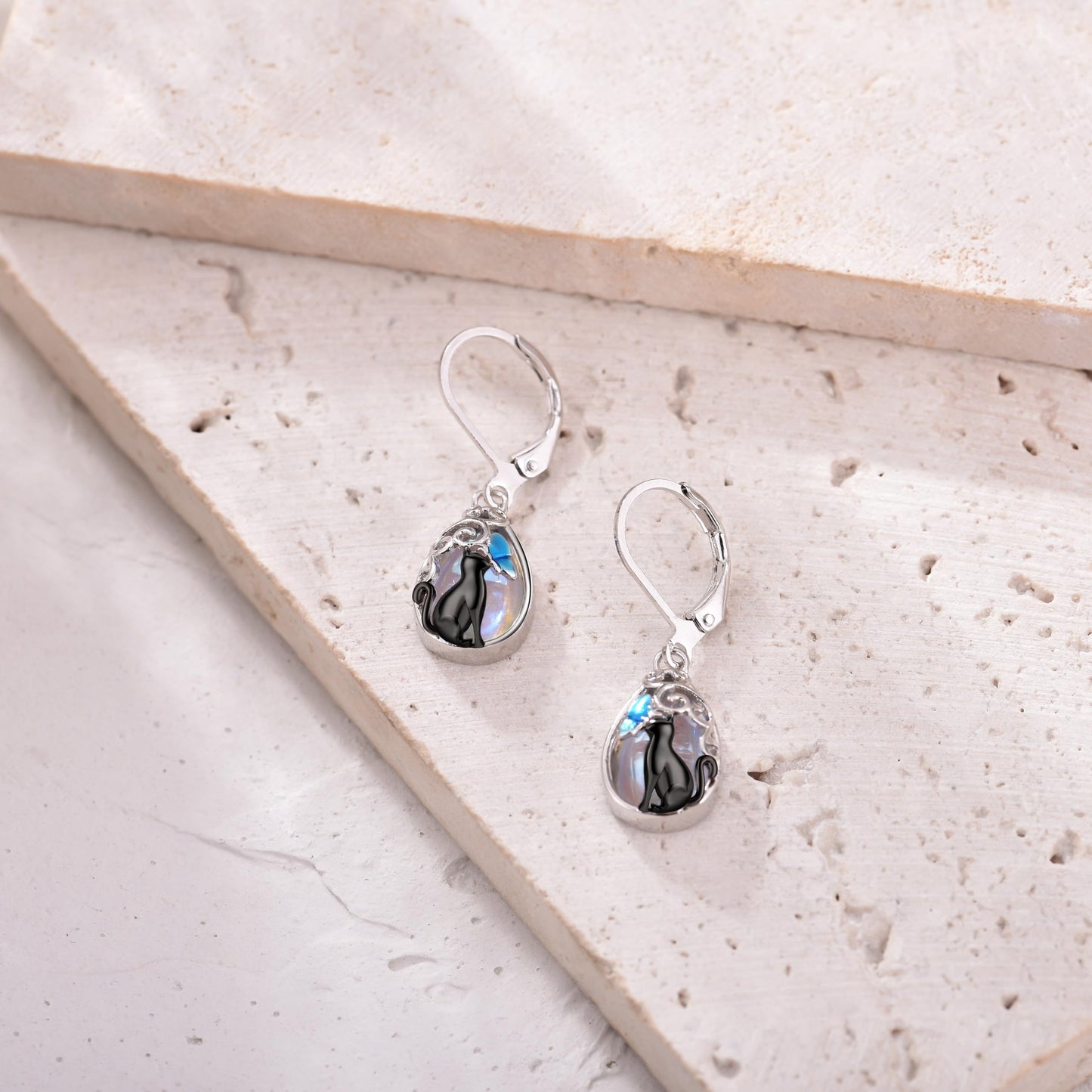 HELORET Black Cat Moonstone Dangle Earrings with Butterfly Leverback Design