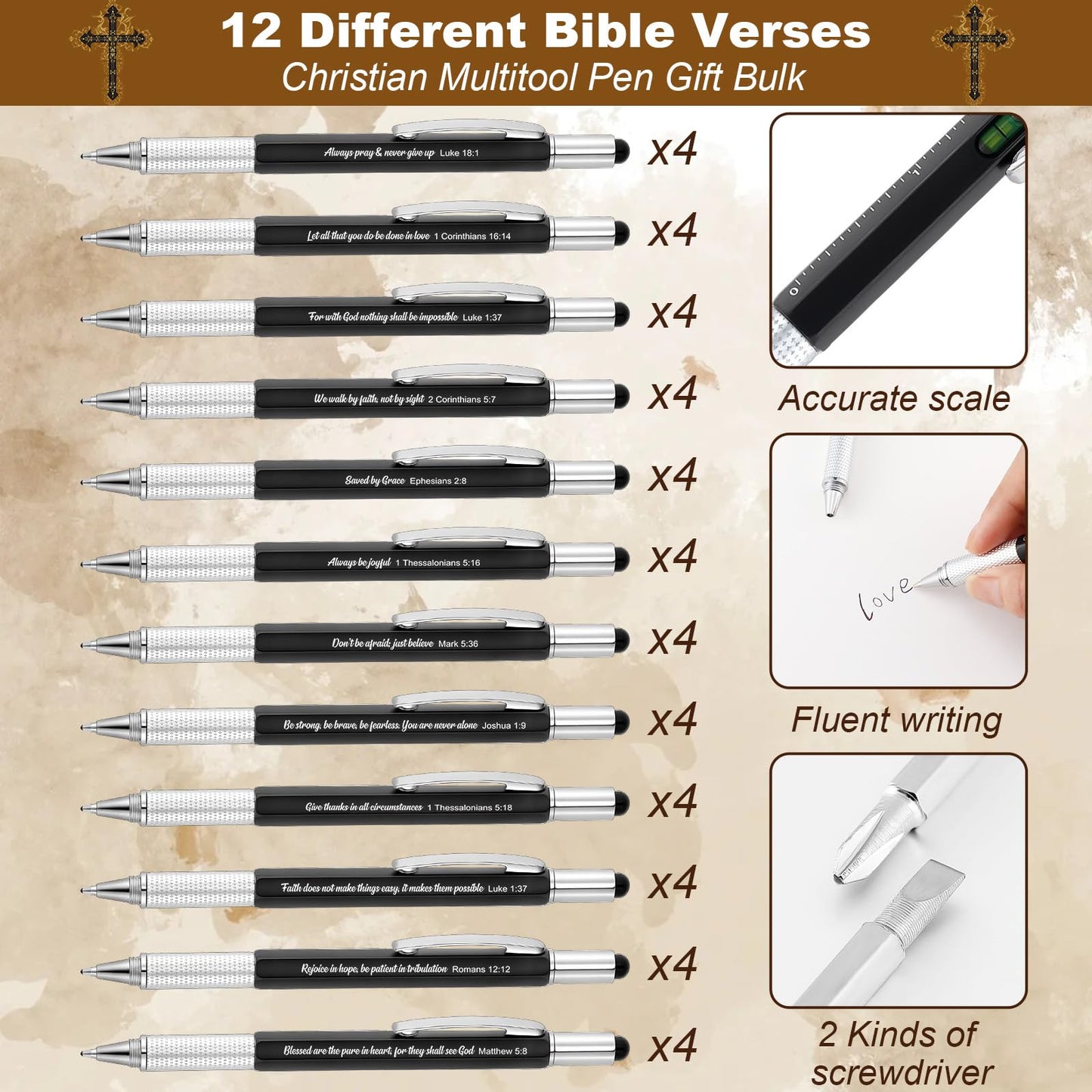 Sayglossy 48pcs Christian Multitool Pens Valentines Gift Bible Verse Religious 6 in 1 Multitool Pen Bulk with Ruler, Level, Stylus, Screwdriver for Men Pastor Father