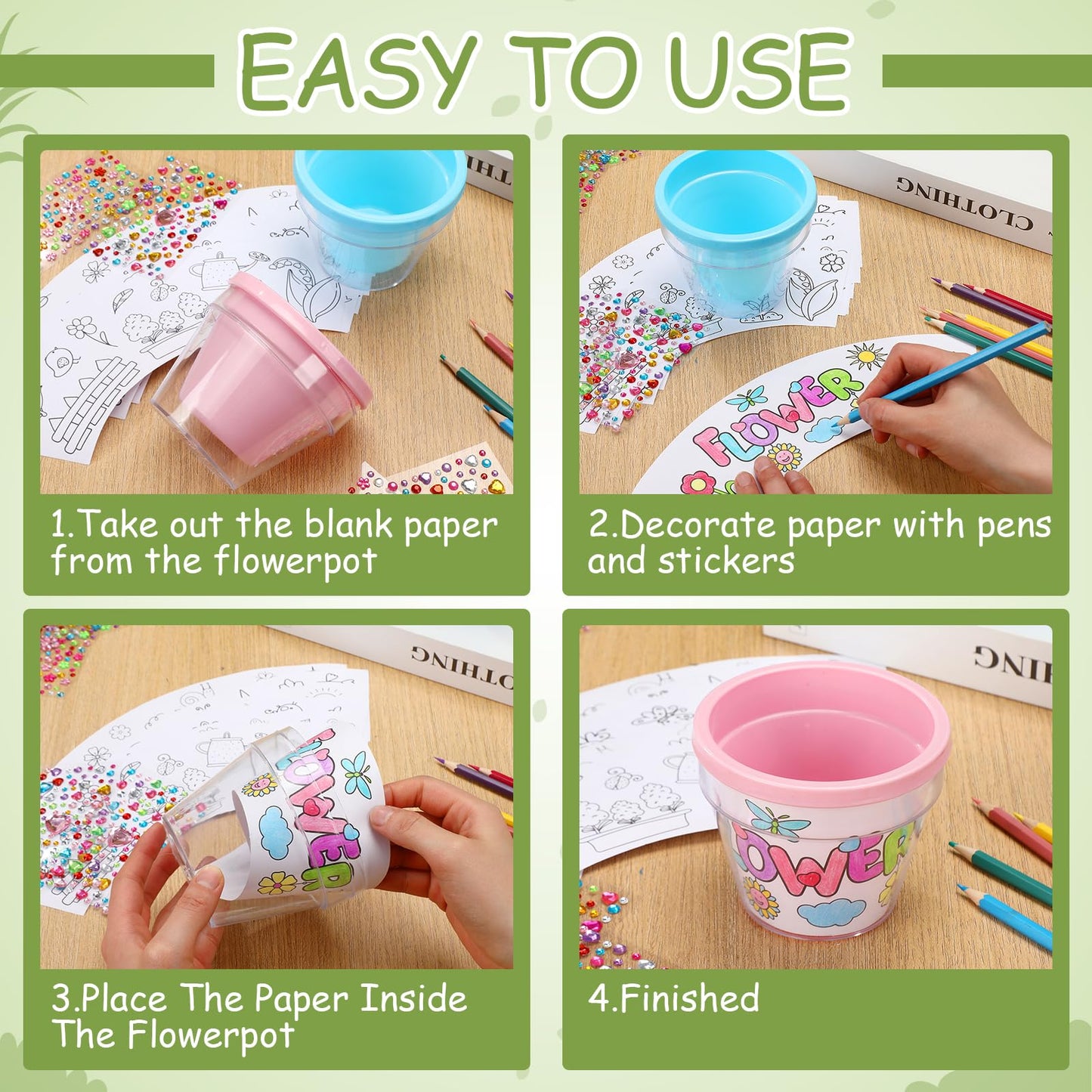 SiliFine 24 Pcs Spring DIY Flower Pots Crafts with 24 Drawing Inserts and 4 Sheets Rhinestone Sticker Color Your Own Flower Plant Pot DIY Art Projects Fun Activities Mother's Day Gift