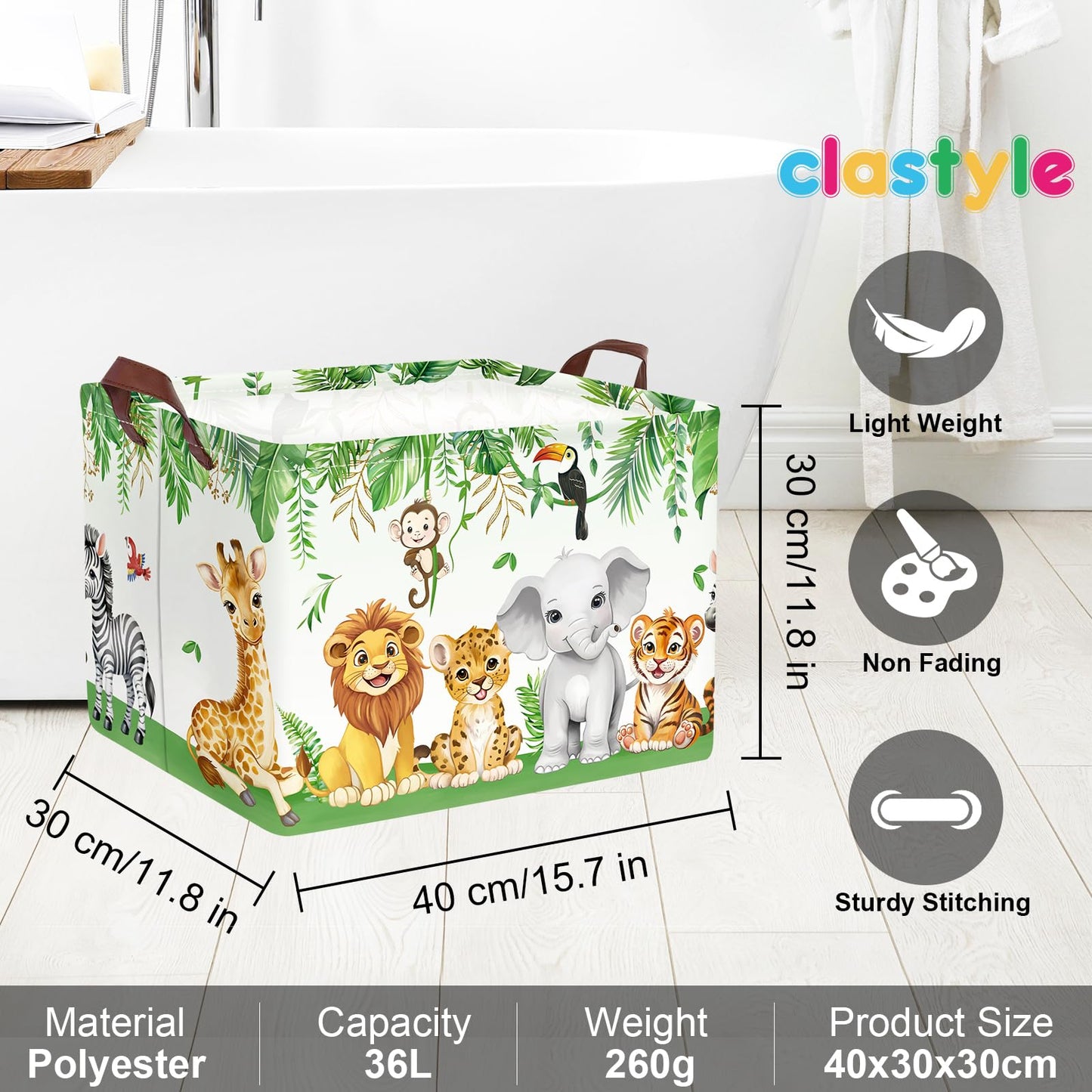 Clastyle Safari Animal Laundry Basket Leaf Kids Clothes Book Storage Basket Gift Toy Box for Bedroom Decor,Elephant Lion Giraffe,40x30x30 cm