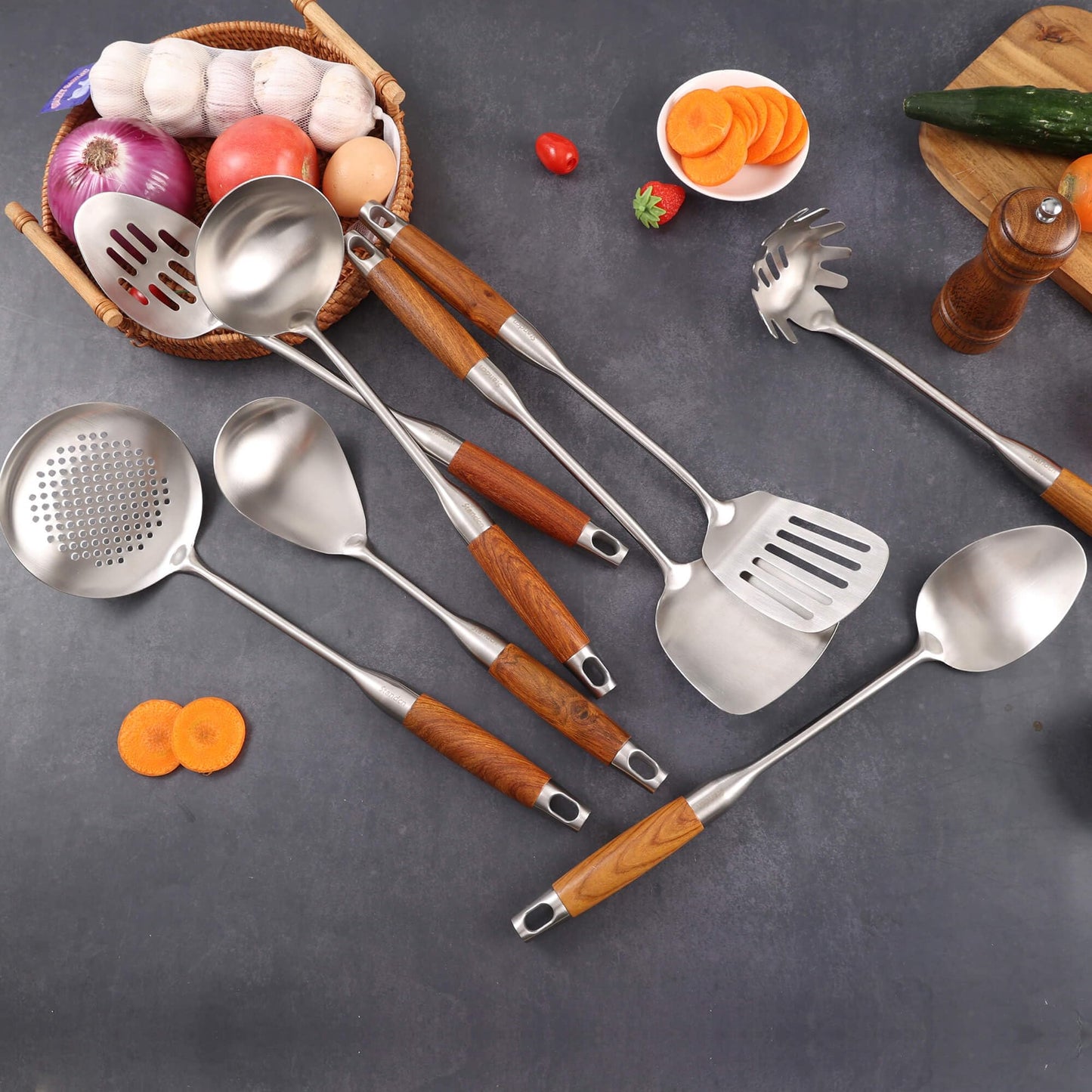 18/10 Stainless Steel Kitchen Utensils Set with Wood Handle - 15”Metal Cooking Tools & Serving Utensil, 8-Pieces Cooking Spoons Set - Spatula, Ladle, Skimmer, Turner, Pasta, Solid Spoon, Slotted Spoon