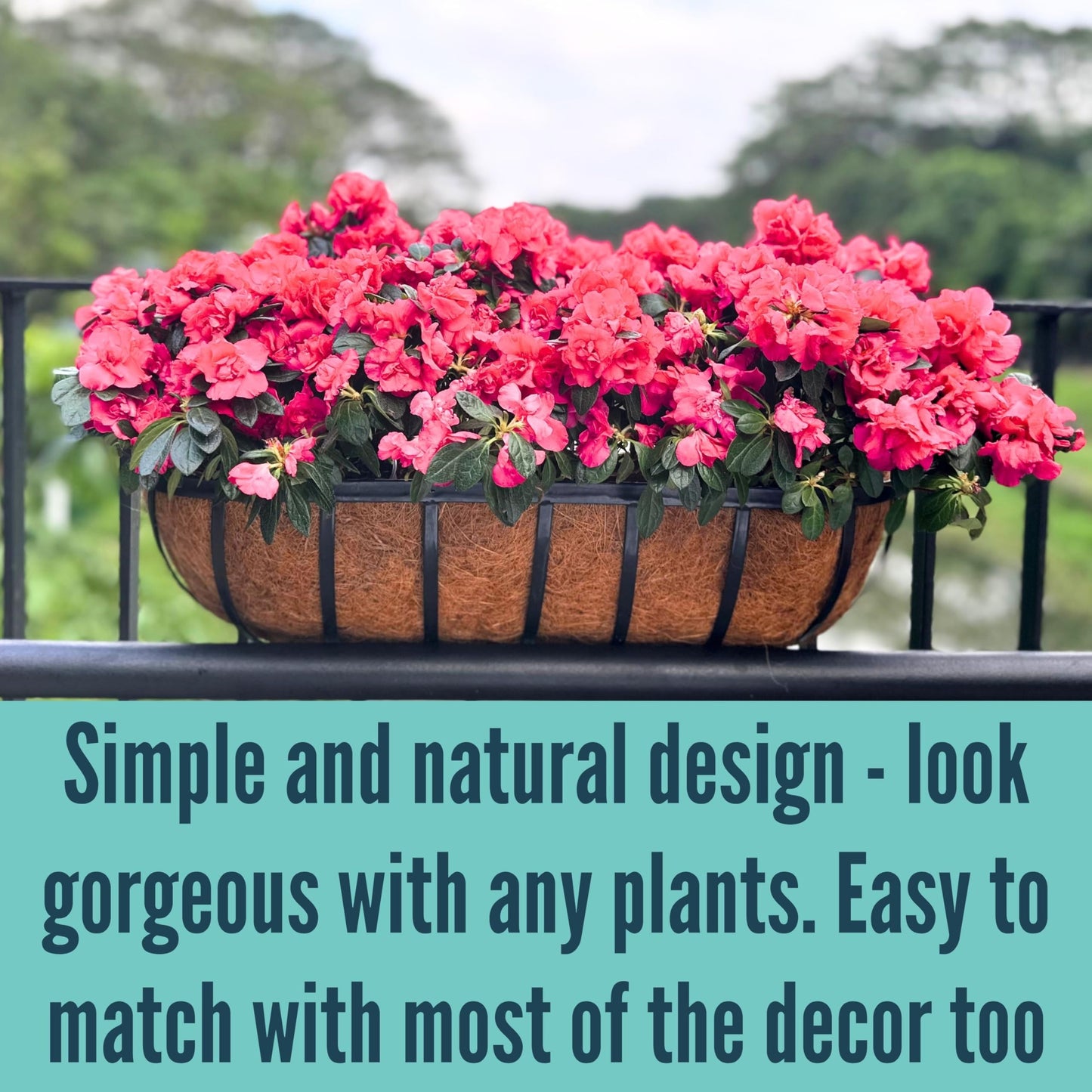 LaLaGreen Railing Planters Box (36", 2 Pack) Black Metal Rectangular Window Flower Box with Coco Liner, Extra Large Wall Hanging Planter for Outdoor Plants Deck Rail Fence Bracket Balcony Porch Garden
