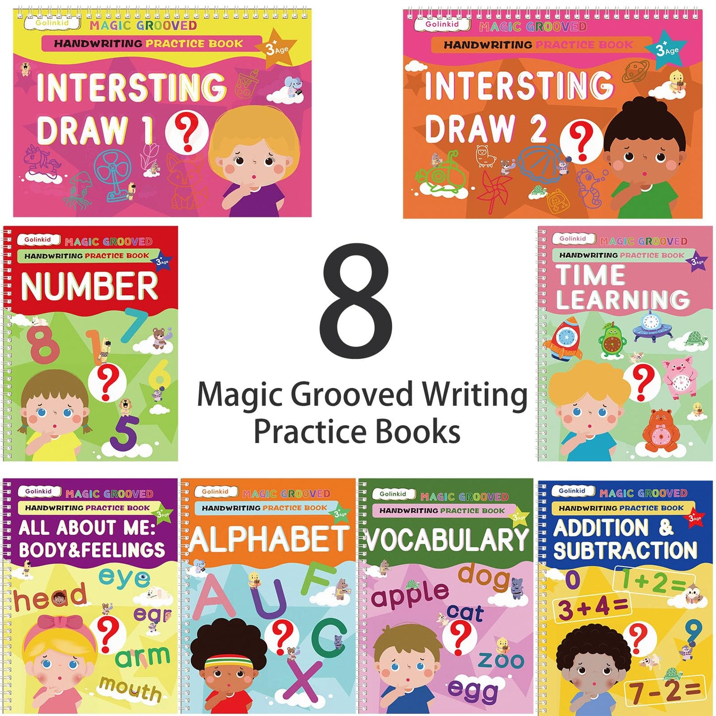 Golinkid Magic Grooved Writing Practice, grooved Handwriting Practice for Kids 8 Books, Preschool workbook for Ages 3-10 with 6 Magic pens 10 Ink Refills, 3 Pencil Grips for Kids Handwriting