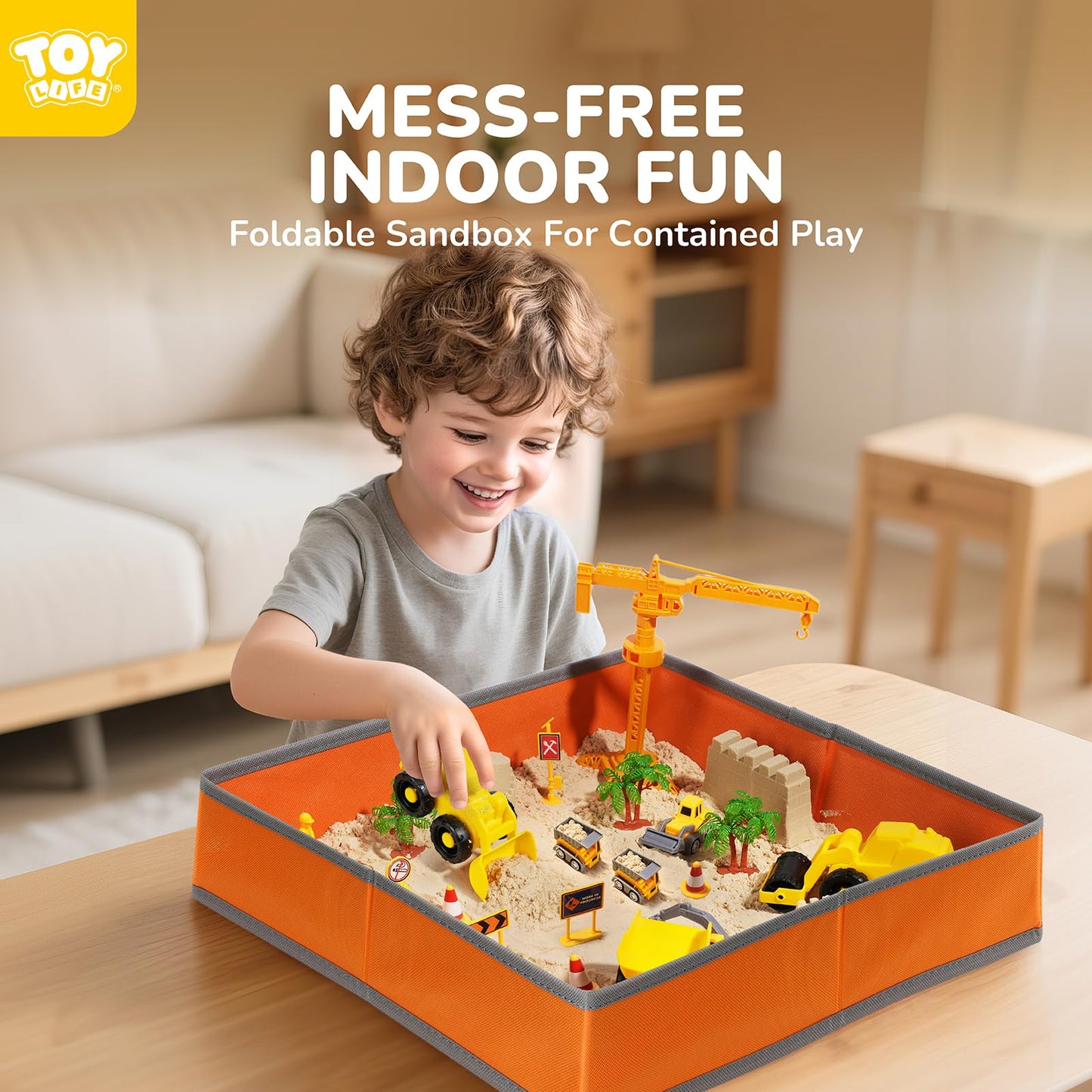 TOY Life 38 Pcs Sand Construction Kit with Big Foldable Sandbox with 2.2Ibs Magic Sand, Trucks, Castle Molds & Beach-Side Mat – Indoor Sandbox Toy Construction Sensory Bins for Toddlers