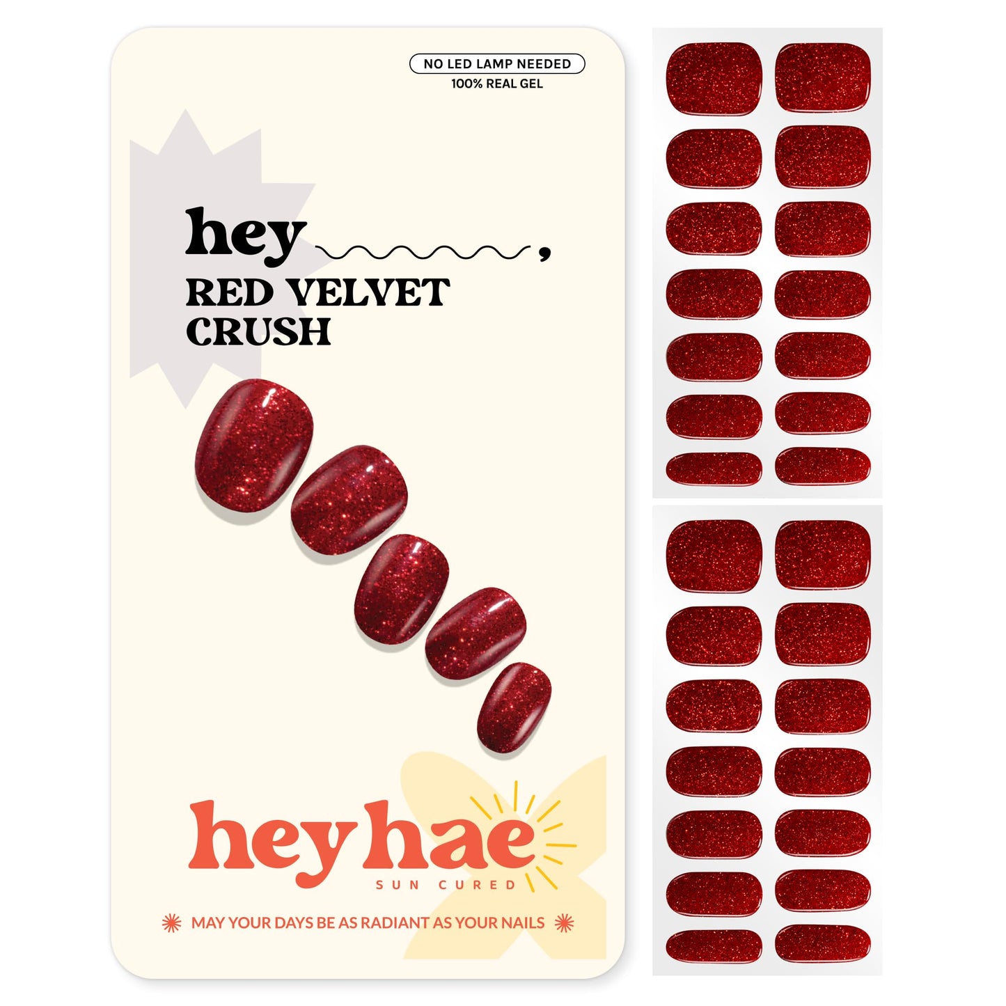 Heyhae Semi Cured Gel Nail Strips | No LED Lamp Needed | Fall, Red, Glitter | Easy Apply & Remove, Salon Quality | Includes 28 Strips, 1 Prep Pads, Nail File & Wooden stick - Hey, Red Velvet Crush