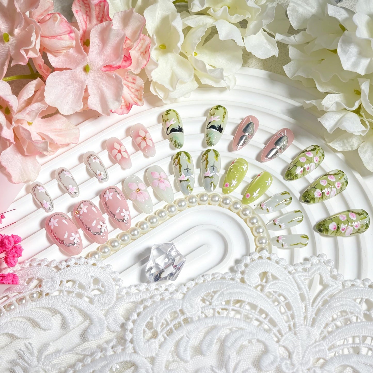 24Pcs Spring Flower Press on Nails Medium Almond Fake Nails 3D Green Leaves with Pink Floral Glossy Design Full Cover Reusable Artificial Cute Cat False Nails Stick on Nails for Women Acrylic
