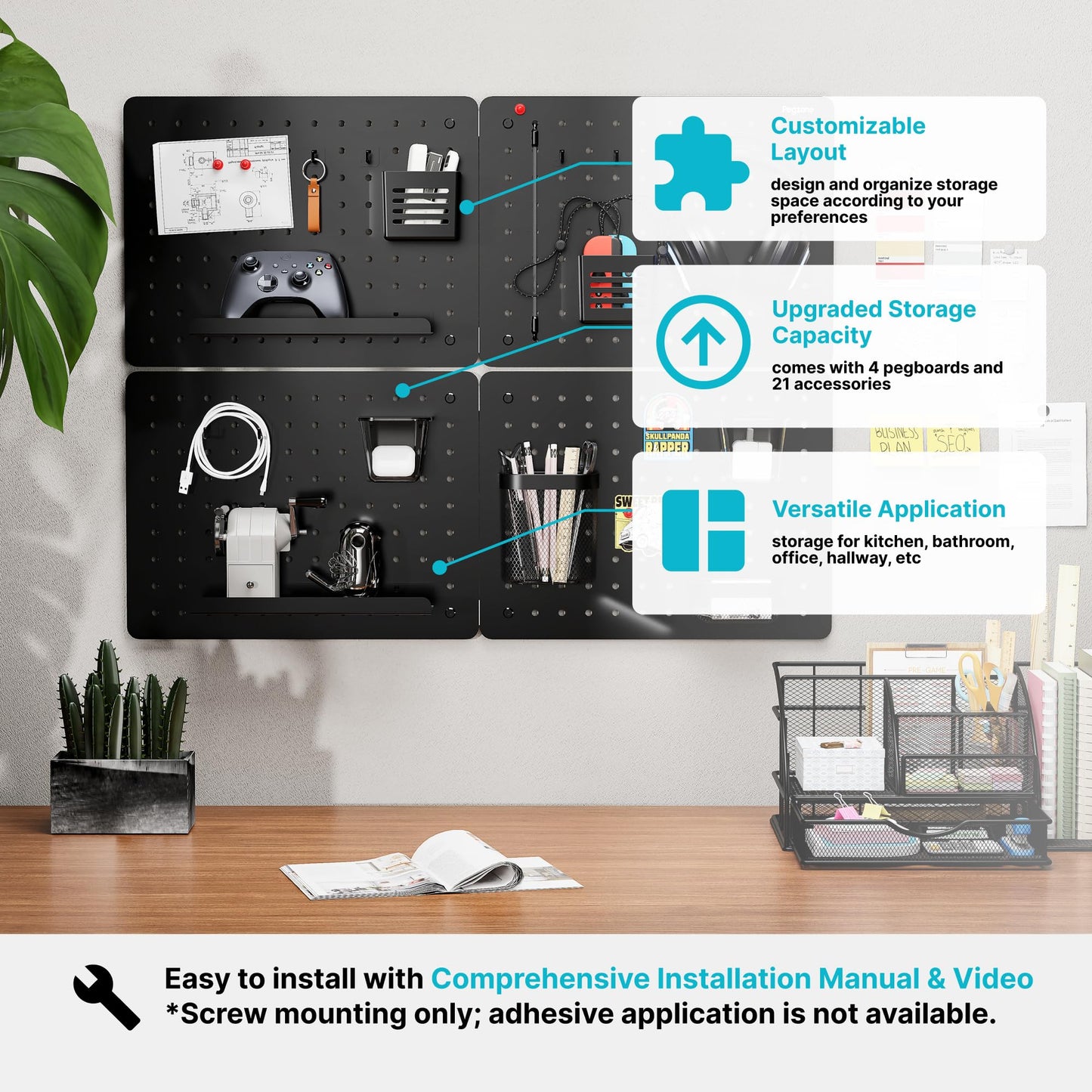 PEGZONE Pegboard Wall Organizer Combination Kit,Overall 33.1"x25.4" Metal Office Pegboard with 21 Accessories, Wall Mounted Peg board Display Panels for Home, Gaming Room, Garage (4Pcs,Black)