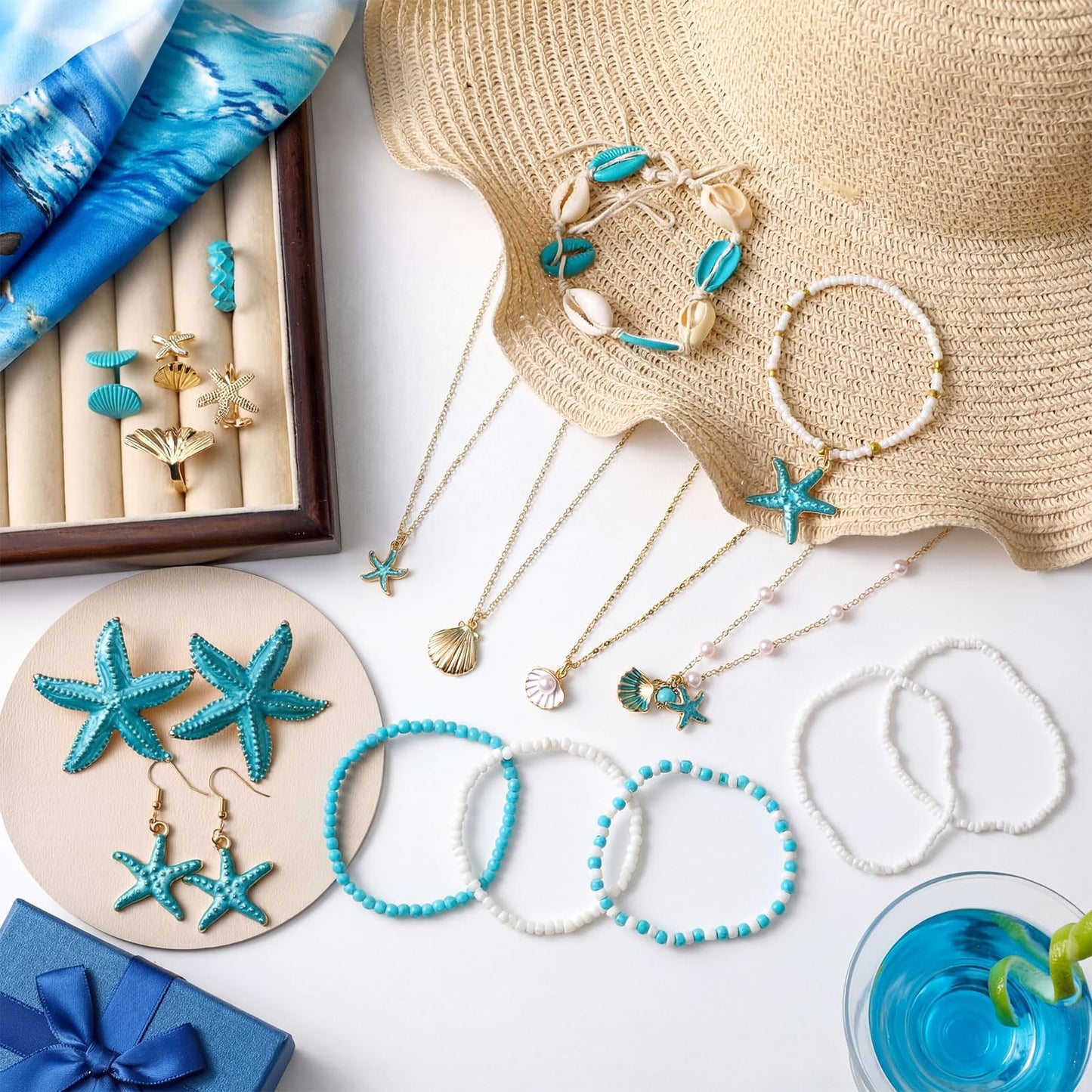 16 Pcs Seashell Starfish Jewelry Set for Women Seashell Earrings Rings Boho Layer Charm Necklace Summer Beach Bracelets Natural White Anklet for Summer Holiday Vacation Accessories(Blue,Starfish)