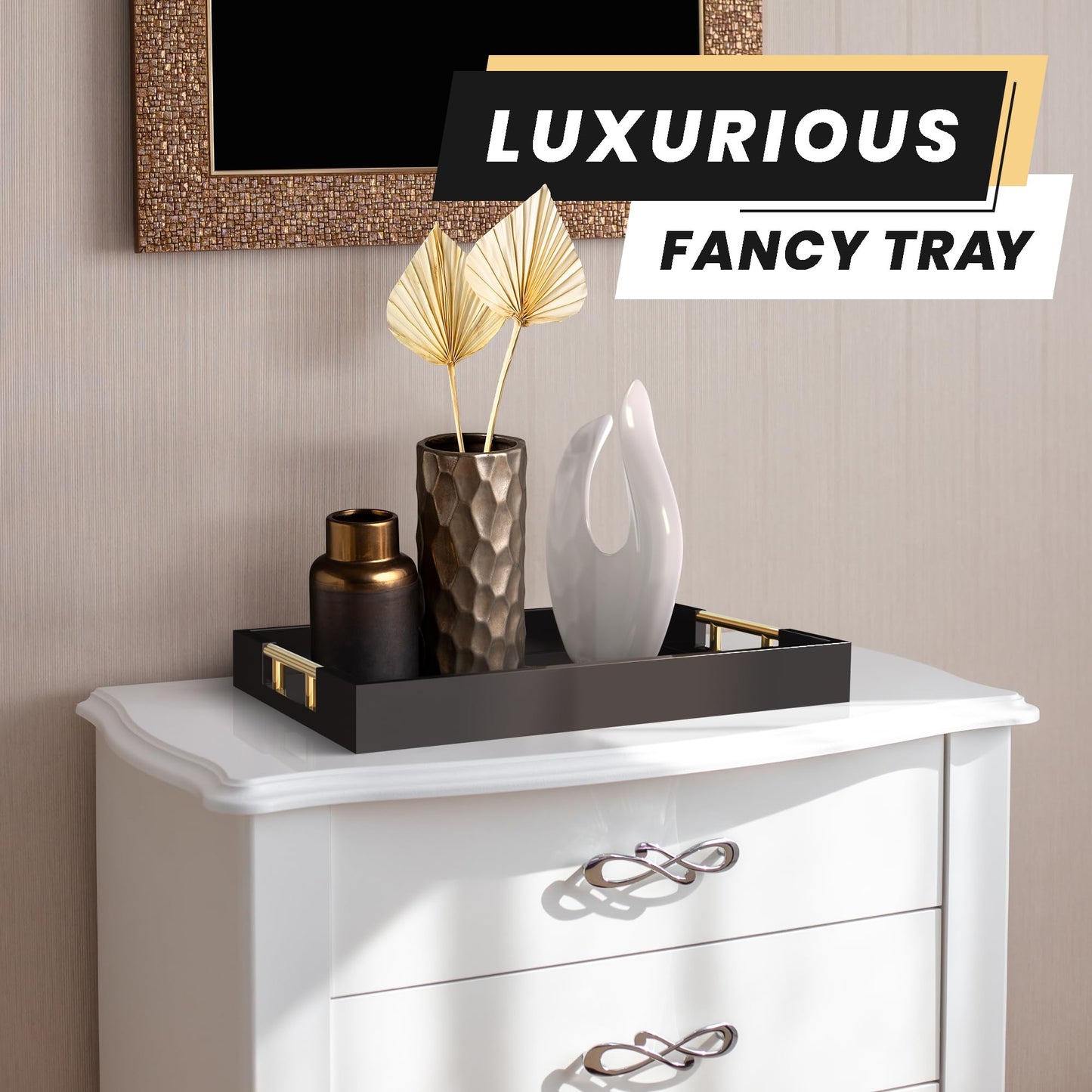 Gothic Skull Serving Tray with Gold Handles – Black Gloss Wooden Ottoman Tray for Coffee Table, Bar, or Kitchen – Elegant Gothic Decor & Unique Gift for Halloween, Horror & Alternative Style Lovers