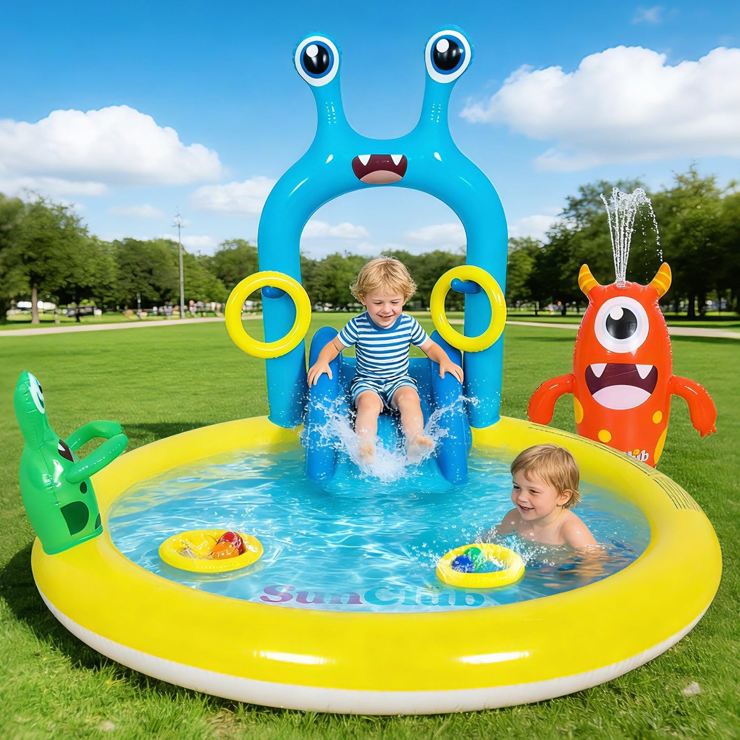 Inflatable Splash Pad for Kids - Monster Spray Inflatable Play Center Kiddie Pool with Slide Sprinkler Toss Rings & Balls, 70"x67"x54" Fun Outdoor Water Toy for Summer Backyard Seaside