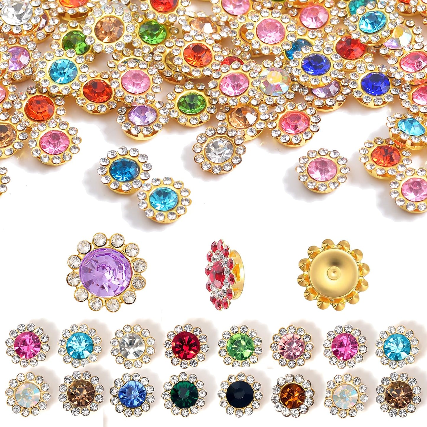 500PCs Sew on Rhinestones, Crystal Flower Shape Bedazzling, 10mm Crystal Flatback Embellishments for Sewing and Crafts, with Storage Box (10mm - Gold Tone)