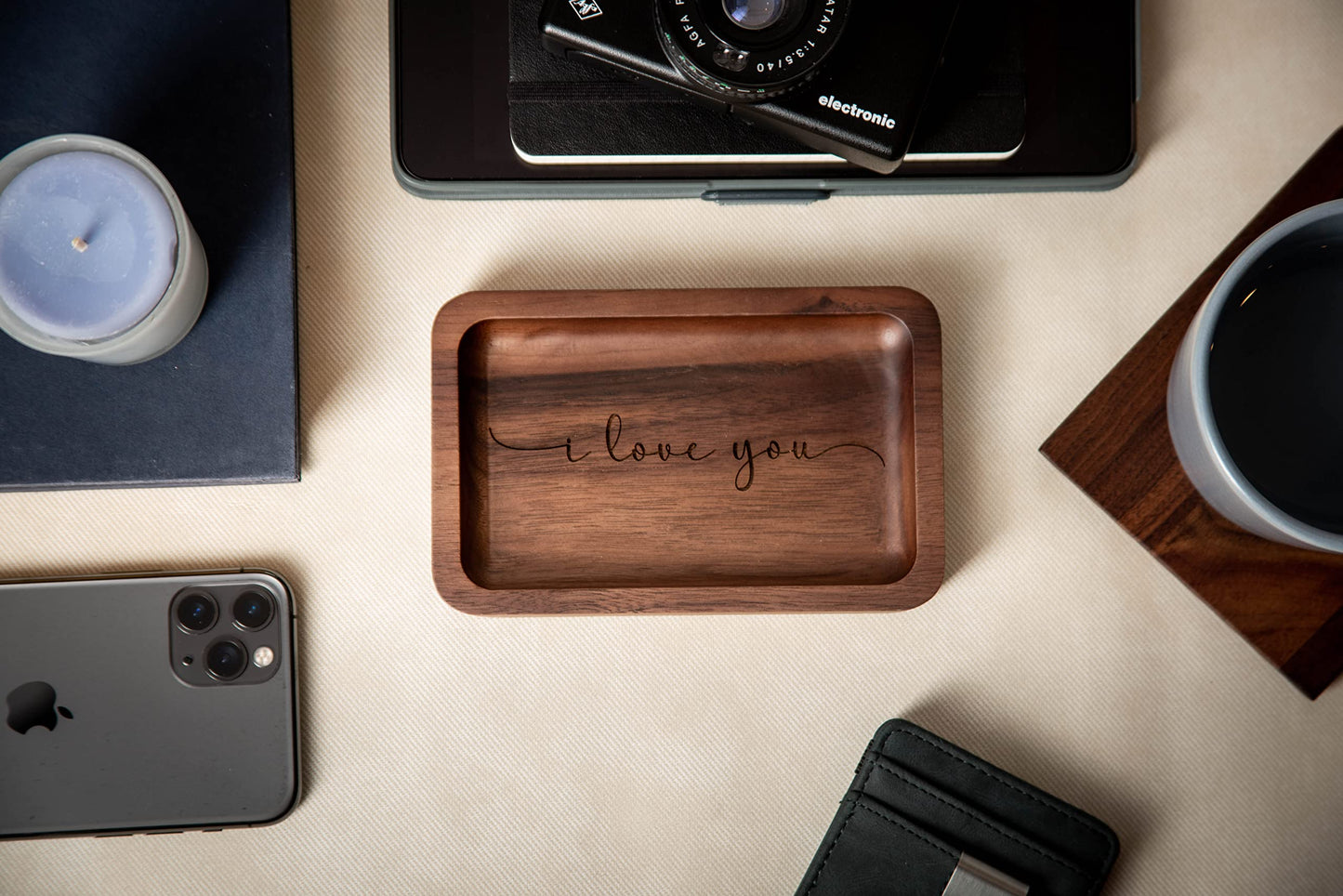 MUUJEE I love you Ring Dish - Engraved Rectangle Wood Tray Small Jewelry Dish 5 Year Wedding Anniv Gifts Ideas - 5.5" x 3.5" (I Love You)