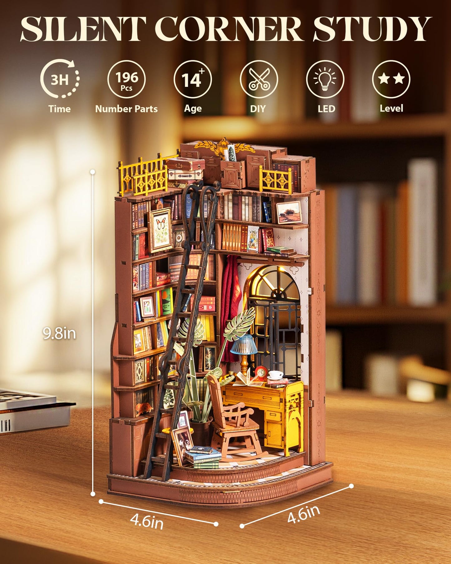 Rolife 3-Hour Easy Build Dark Academia Book Nook Kit, Silent Corner Study TGE02, 3D Wooden Puzzle for Adults, Beginner DIY Miniature with LED Light, Aesthetic Bookshelf Insert & Bookend