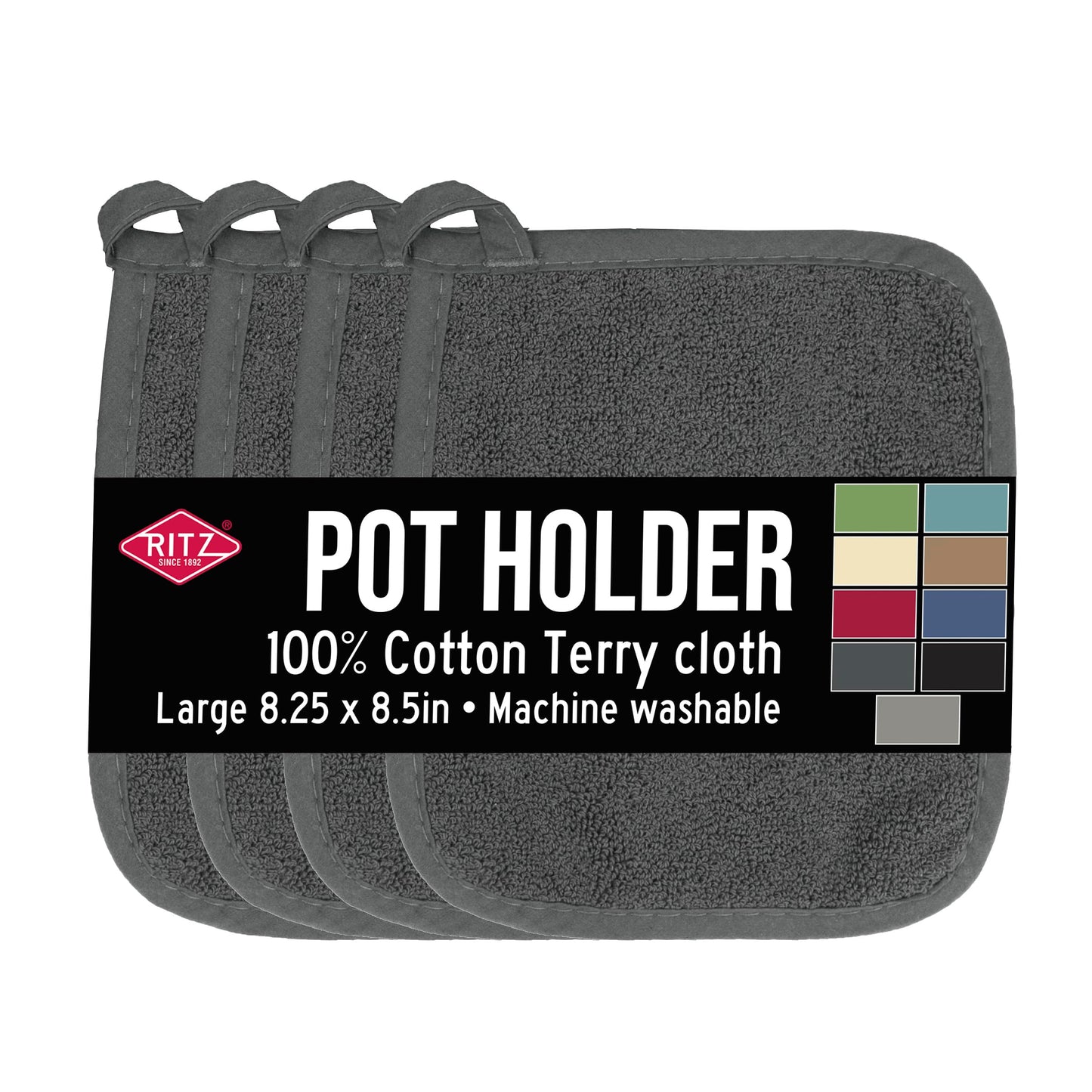 RITZ Terry Potholder & Hot Pad: Unparalleled Heat Resistant, Durable 100% Cotton – Ergonomically Designed for Optimal Grip – Easy-Care Machine Washable – 4-Pack, Graphite