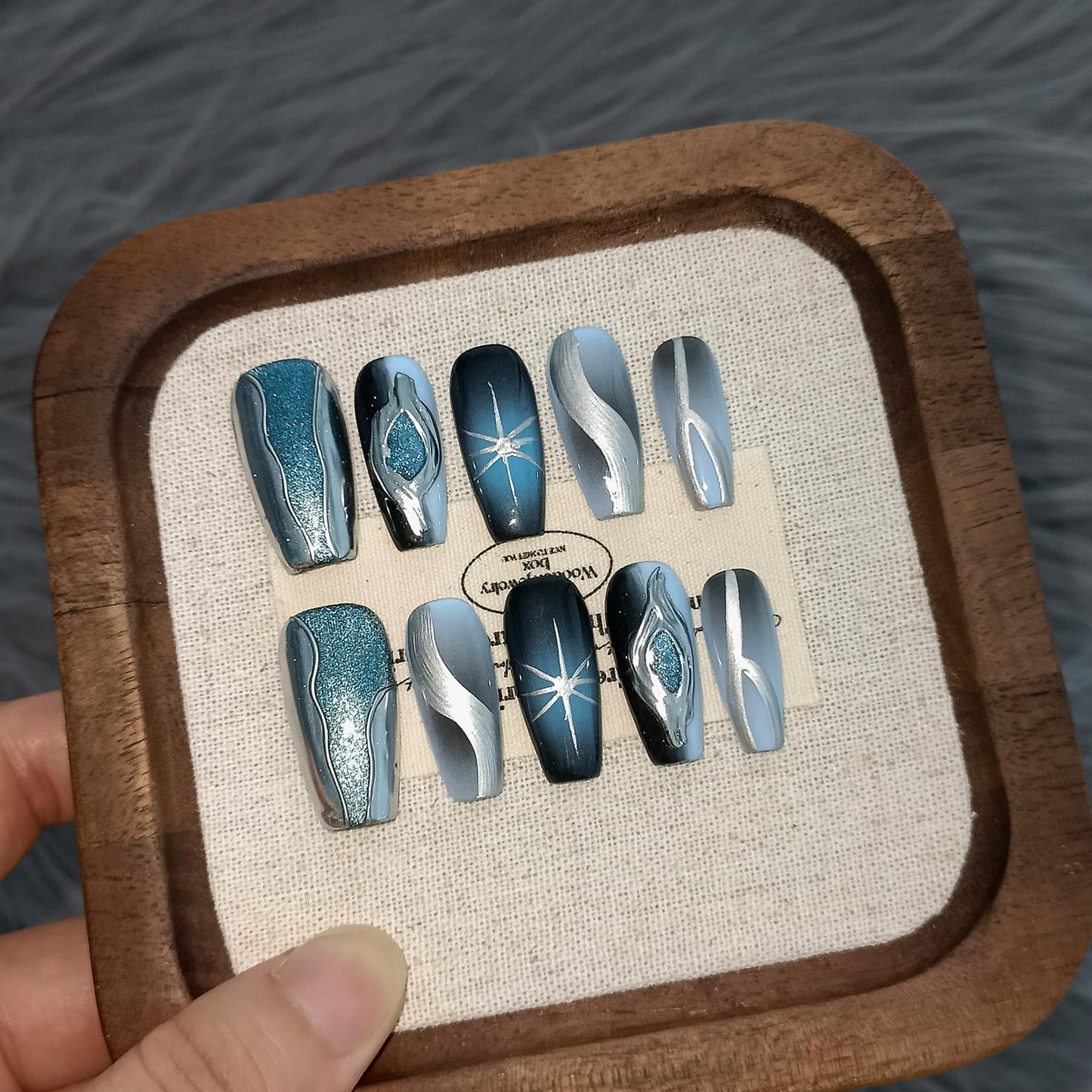 TENPAL Handmade Press On Nails With Tools,Black Blue Ombre 3D Cat Eye Coffin Fake Nails for Women,Glossy Metallic Airbrush Galaxy Designs Glue on Nails,Chrome Relief Punk Acrylic Nails 10pcs(S)