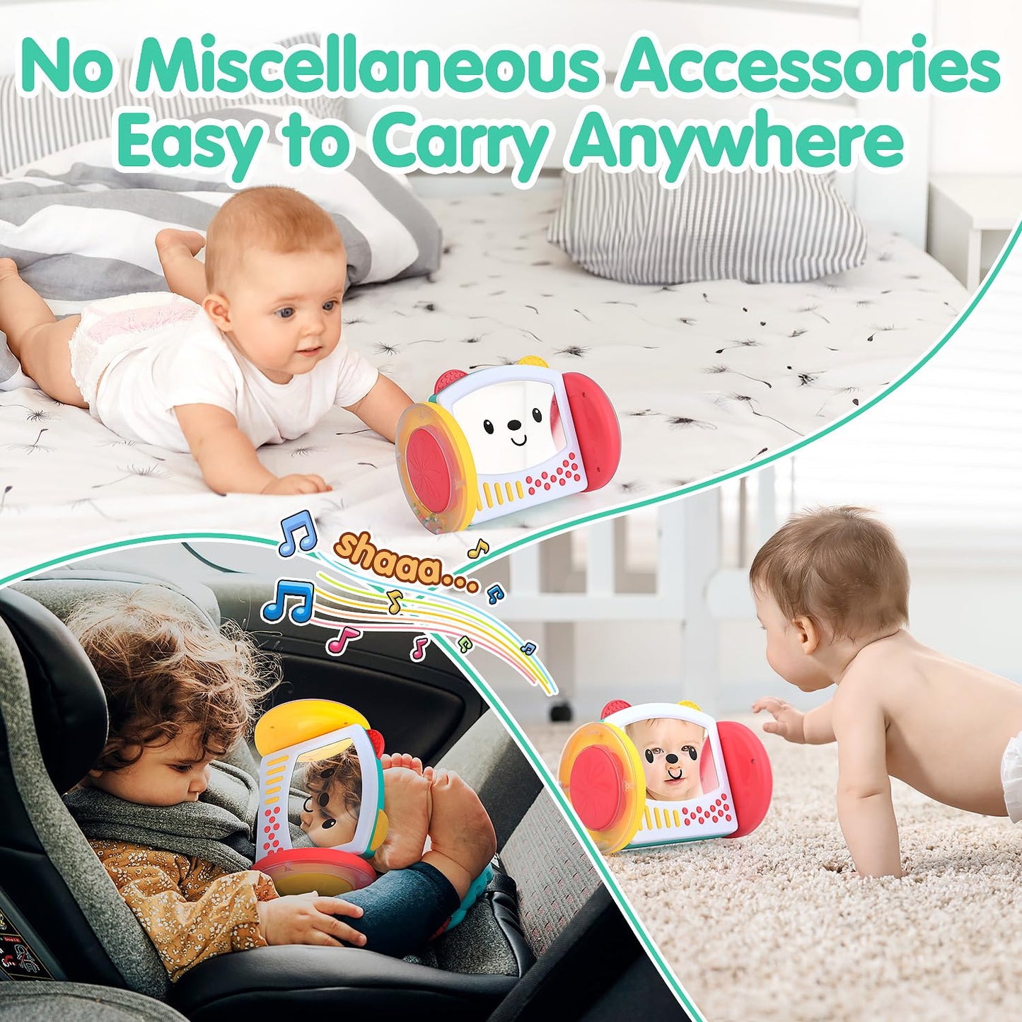 PLAY Tummy Time Toys Rolling Baby Mirror Activity Toy for Newborn 0 3 6 9 12 Months with Teethers Infant Mirror Crawling Montessori Toys for Brain Development Visual Stimulation, Double-Sided