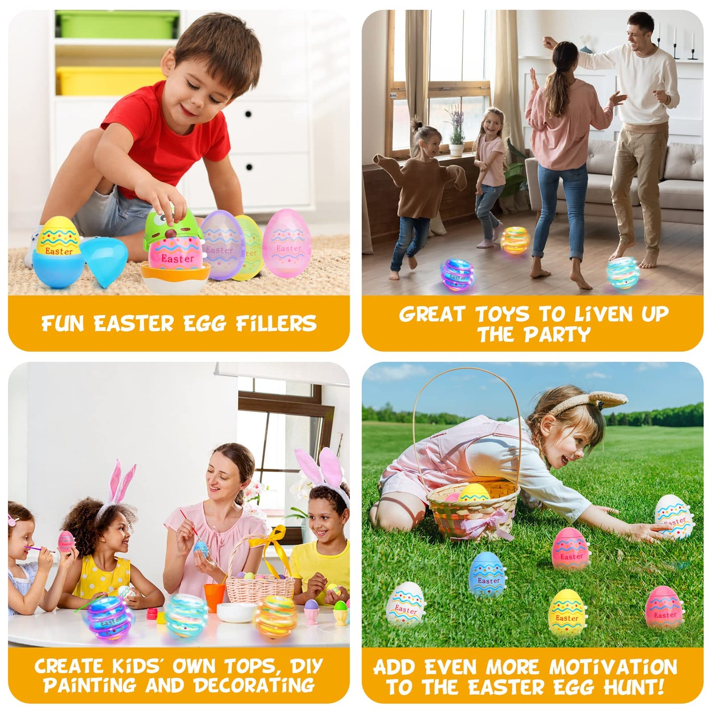 Light Up Easter Egg Toy Gifts for Kids, 6 Pack Easter Egg Spinning Tops with Flash & Music, Egg Fillers Essentials for Children, Glow in The Dark Hunt Prizes Goodie Bag Toys Party Favors