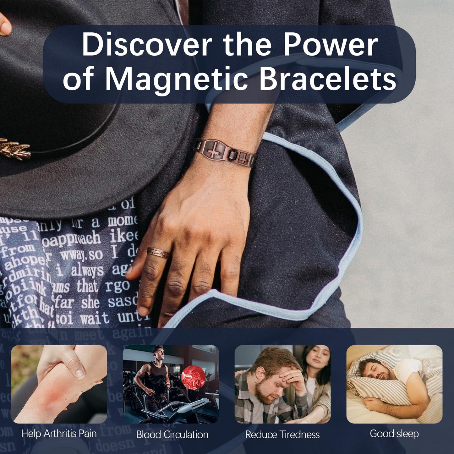 Jecanori Copper Cross Bracelet & Ring for Men, Magnetic Copper Ring, Magnetic Bracelets for Men with Sizing Tool