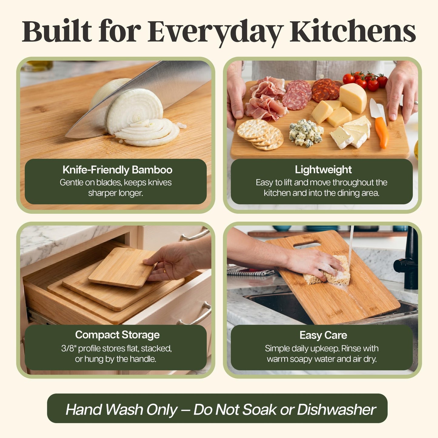 Totally Bamboo 3-Piece Cutting Board Set, Bamboo Wood Cutting Boards for Kitchen with Built-In Handles, Reversible Chopping Boards in Small, Medium, and Large Sizes