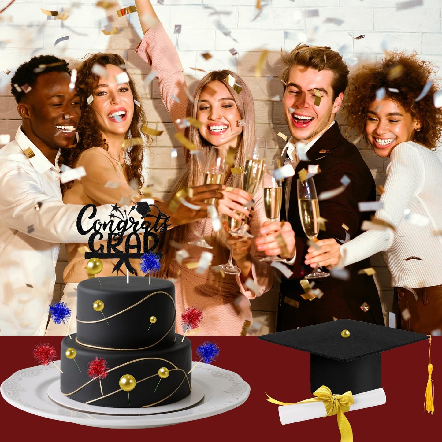 32PCS Graduation Cake Decorations Kit for Class of 2026 Includes Felt Tassel Caps, Firework Cupcake Toppers, Diploma and Balls, Black Theme Party Supplies for High School,College Celebrations (Black)