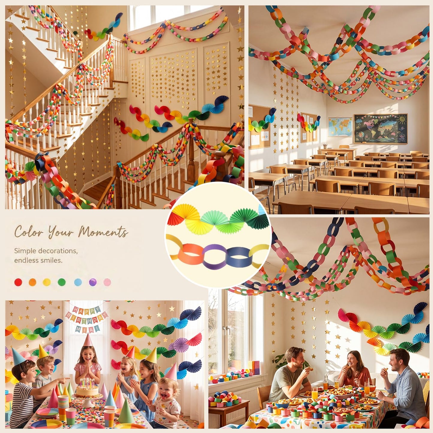 YooNotee 500 Sheets Paper Chain Strips and 4 PC Mirror Star Garland 3 Paper Fan Garland Garlands for Birthday Graduation Wedding Bachelorette Christmas Ceiling Hanging Decorations