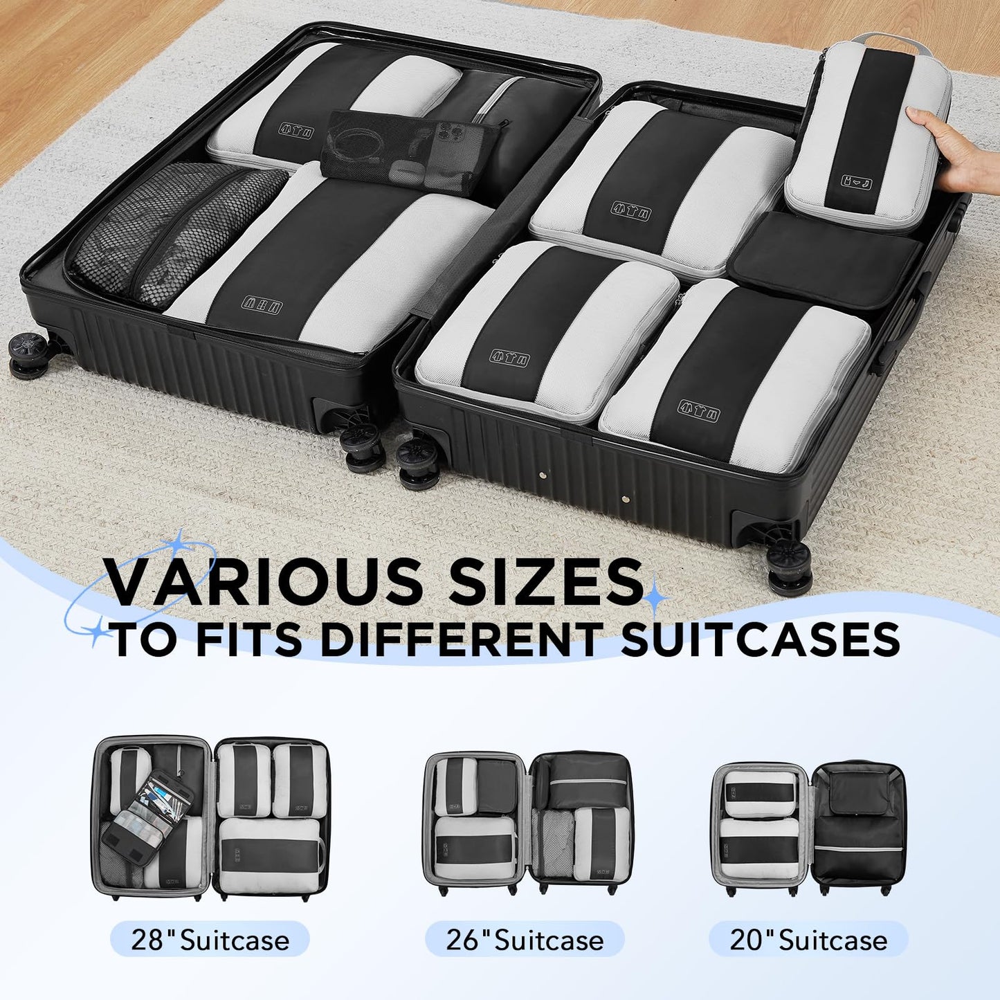 10 Set Compression Packing Cubes for Travel Essentials,Compressible Expandable Packing Cubes for Suitcase,OlarHike Luggage Organizer Bags for Travel,Handy Helper for Organizing Clothes(Black)
