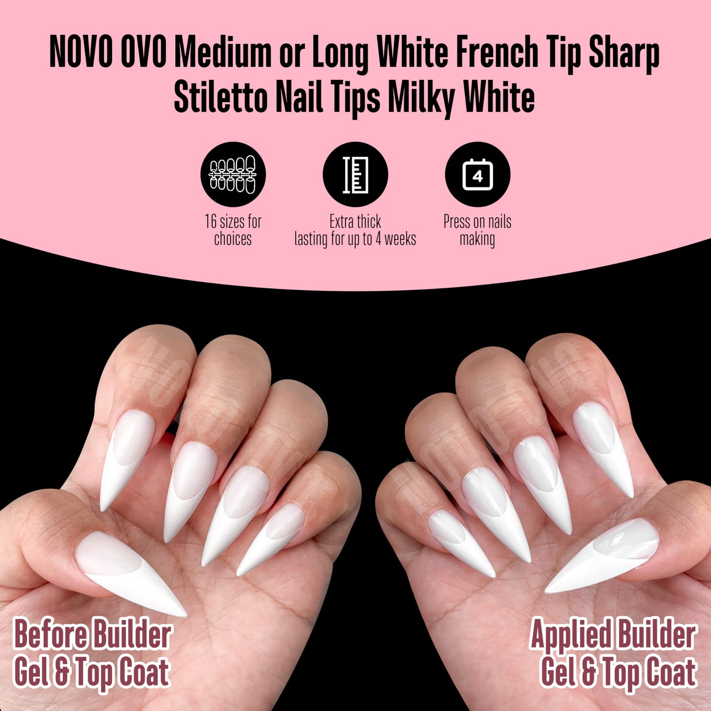 NOVO OVO Medium Long Sharp Stiletto Nail Tips (White French Tip) -Milky White Nude Soft Gel Press Ons, Pre-Designed Full Cover Fake Nails for Instant Salon Manicure, 16 Sizes (160 Pcs)