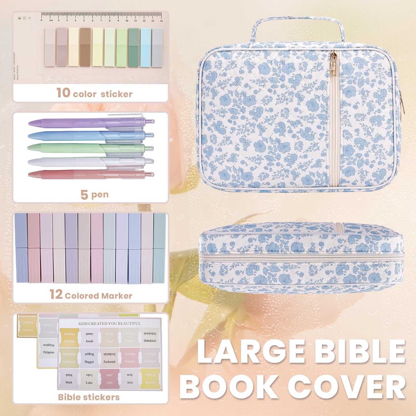 Large Bible Cover for Women, Durable Quilted Tote Bag with Handles, Bible Carry Case for Girls, Bible Study Supplies Accessories