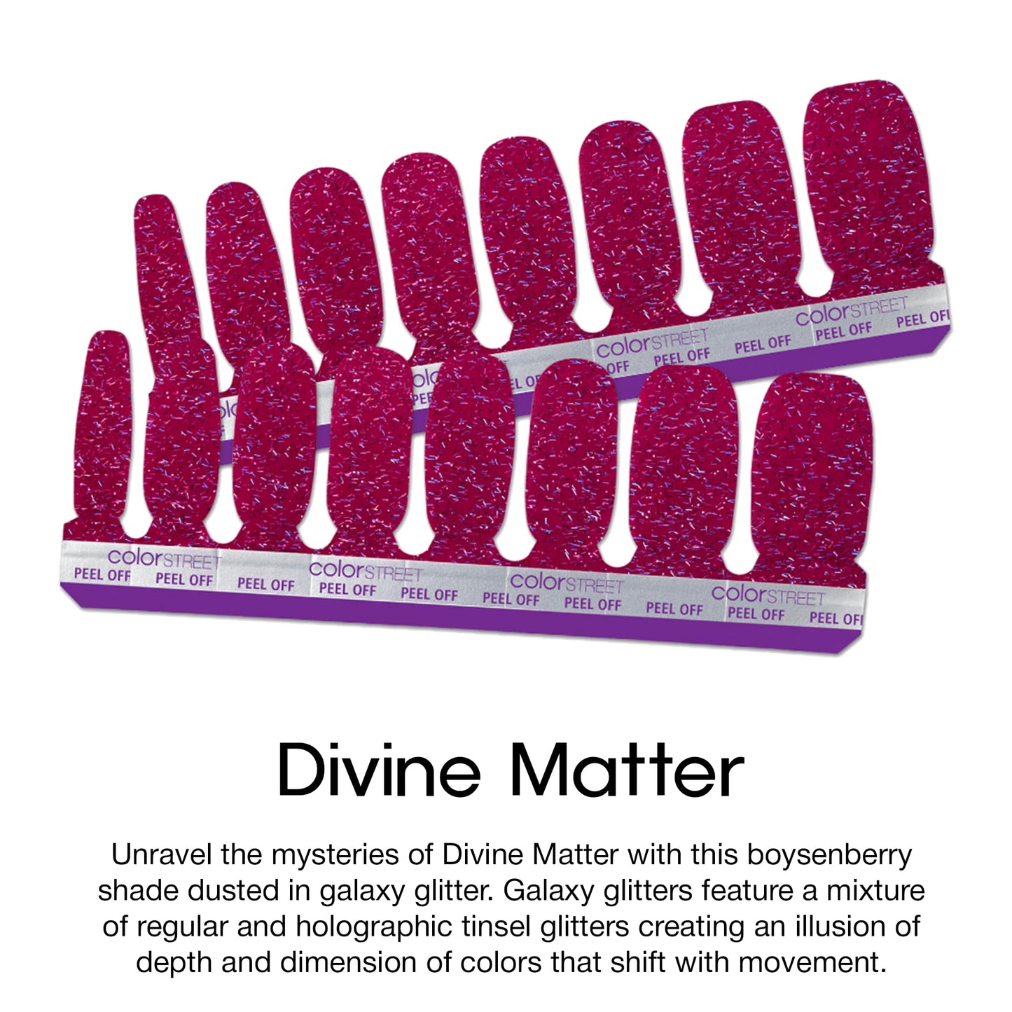 Color Street Divine Matter Nail Strips - Boysenberry Shade with Galaxy Glitter & Holographic Tinsel - 16 Double-Ended Polish Strips for a Dazzling Finish, Shifting Colors & Depth with Every Movement