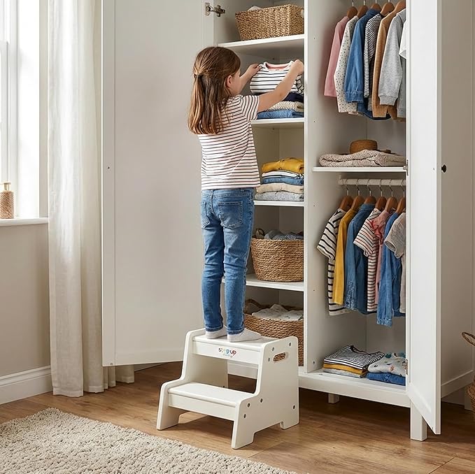 Stepup Baby Wooden Step Stool for Kids White – 2-Step Toddler Stool with Handles, Birch Plywood, Anti-Tip Base & Rounded Corners – Bathroom Sink & Countertop Step Stool