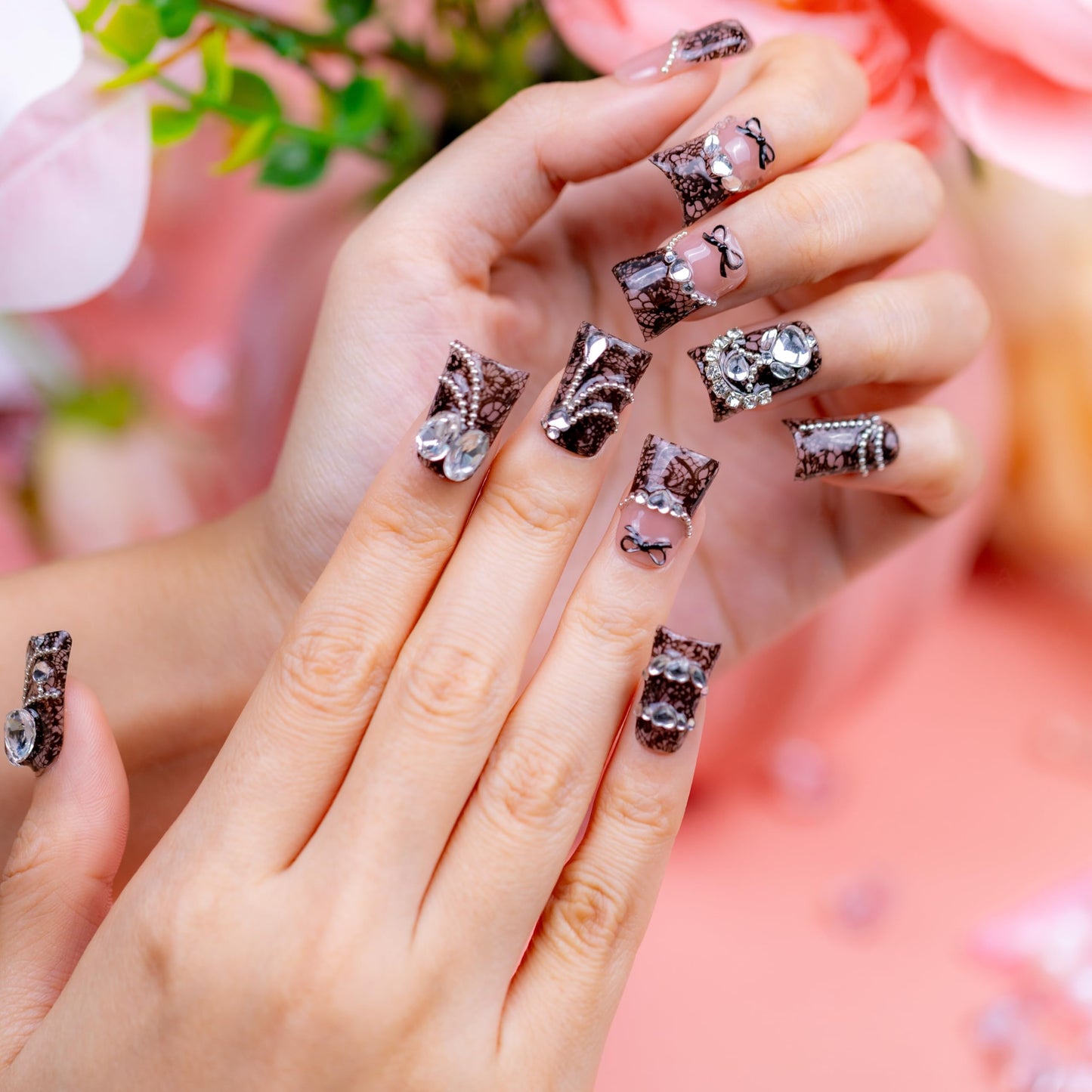 IntoVibes 10 Pieces Luxury Acrylic Press On Nails Short Handmade Duck Nails, Black Thickened False French Nails, 3D Lace Texture, Large Rhinestones, Reusable Fake Nails, Acrylic Nails (L)