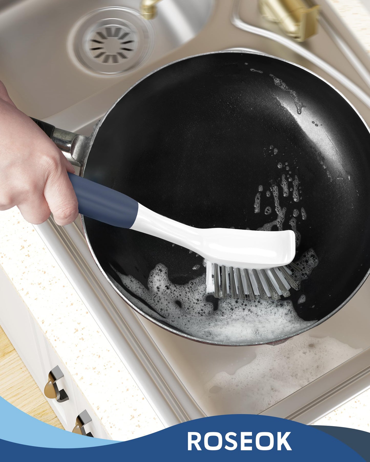 ROSEOK Dish Brush with Built-in Scraper,Kitchen Scrub Brush for Cleaning Dishes,Pots,Non-Stick Pans and Sinks,Navy Blue,2 Pack