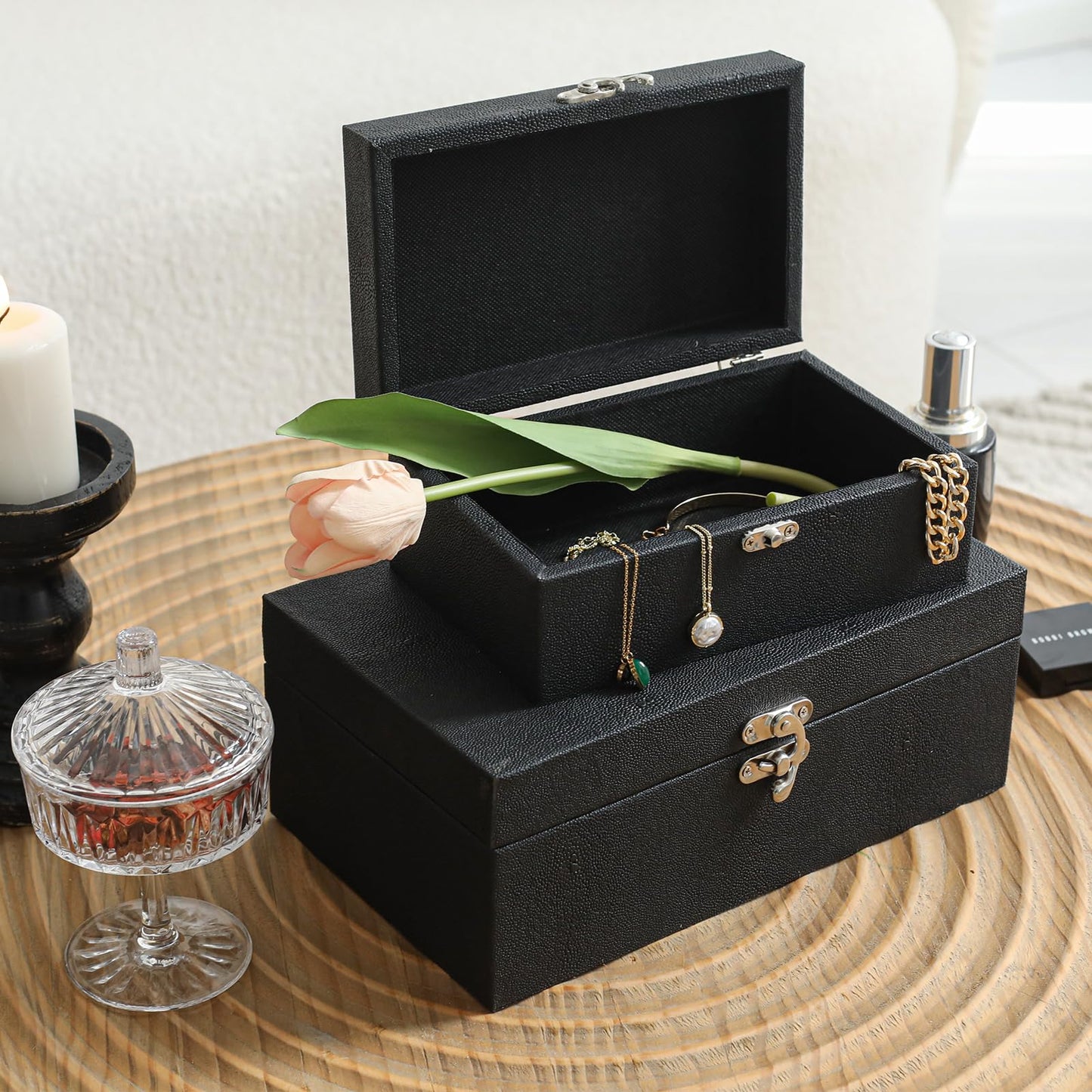 DECOR4SEASON Faux Shagreen Leather Decorative Storage Boxes Set of 2, Black