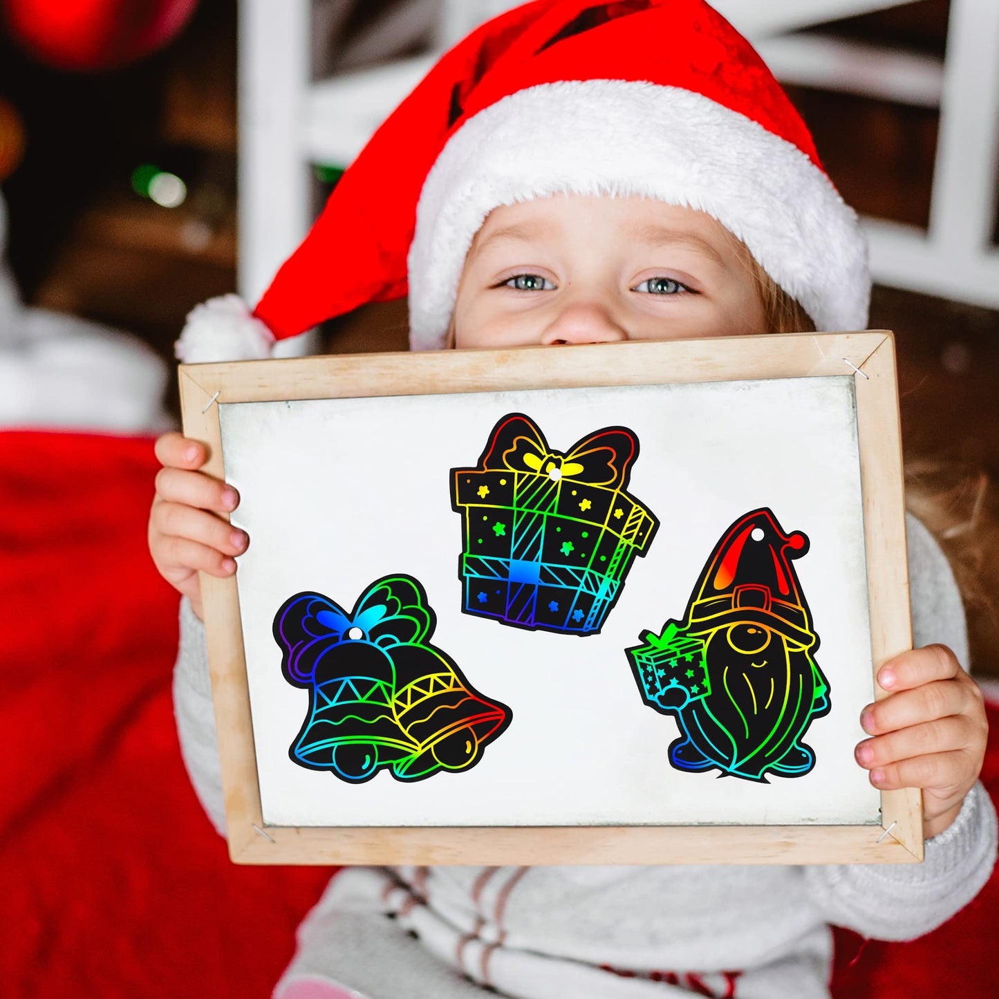 Mocoosy 48 Pcs Christmas Scratch Art Ornaments, Christmas Crafts Kit Bulk for Kids Stocking Stuffers, Rainbow Magic Scratch Paper Cards Xmas DIY Hanging Ornaments for Winter Holiday Decorations