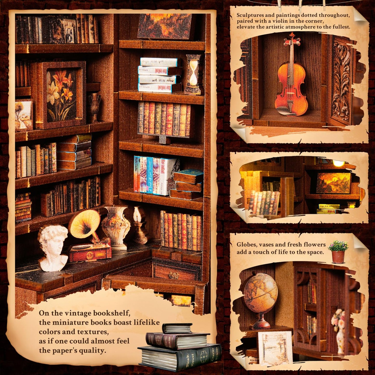 Book Nook Kit DIY Miniature Library Dollhouse, Wooden 3D Puzzle Bookshelf with LED Sensor Light, Bookend Decor for Adults and Teens （Bookcase）