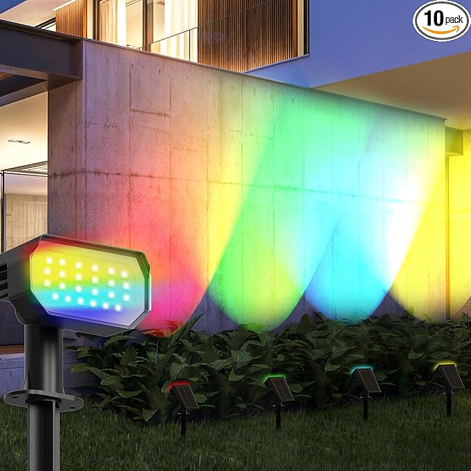 Ensenior Solar Spotlights Outdoor RGB, 7+1 Color Changing Mode Outdoor Landscape Lighting, IP65 Waterproof, Automatic ON/Off Solar Powered Spotlight Halloween Christmas Decorations (10-Pack)
