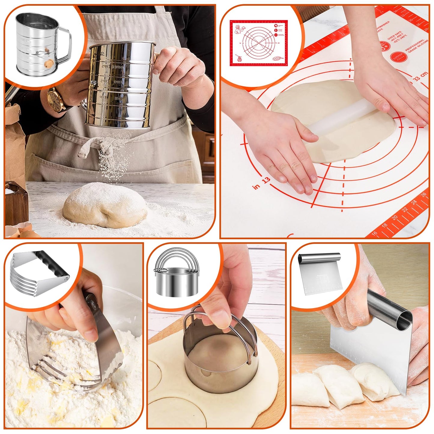9PCS Stainless Steel Pastry Blender Set, 3 Cup Flour Sifter, Biscuit Cutter, Pastry Cutter, Dough Cutter, Silicone Baking Mats, for Cooking Cookies and Donuts, Cakes, Biscuits or Making Pancakes
