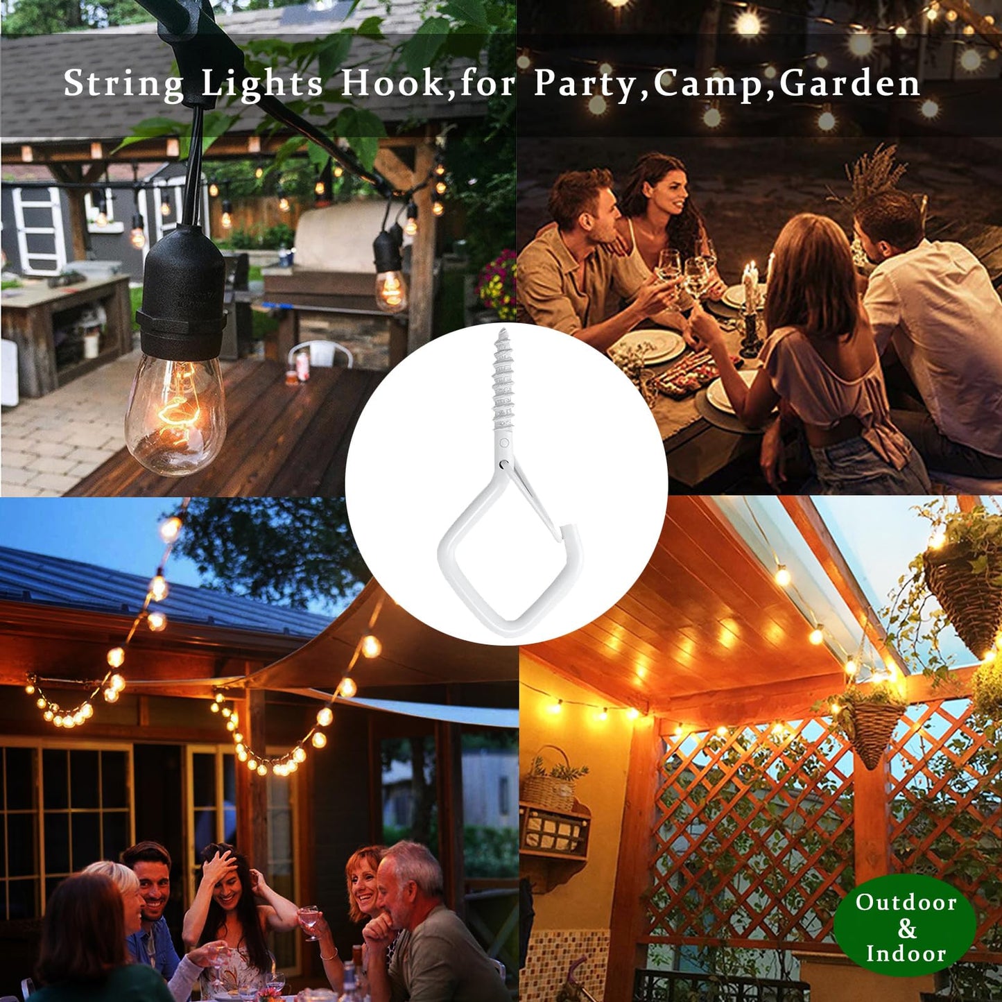 Ticway 30 Pcs Outdoor Hooks for String Lights,Screw Hooks for Hanging Plants,Ceiling Hooks with Safety Buckle,Square Hanger for Wind Chimes,Bird Feeder,Lanterns,Christmas Decorations (White)