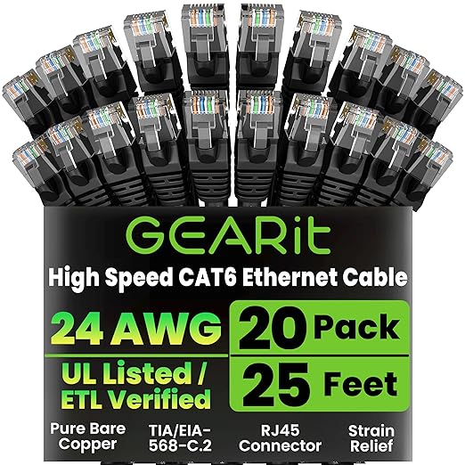 GEARit Cat 6 Ethernet Cable Pack - 20-Pack 25 ft Cat6 Ethernet Patch Cables | RJ45 Network Patch Cable, 10 Gbps Snagless Gold-Plated Connectors - Ethernet Cable Cat 6 for PC, TV, Router - Black