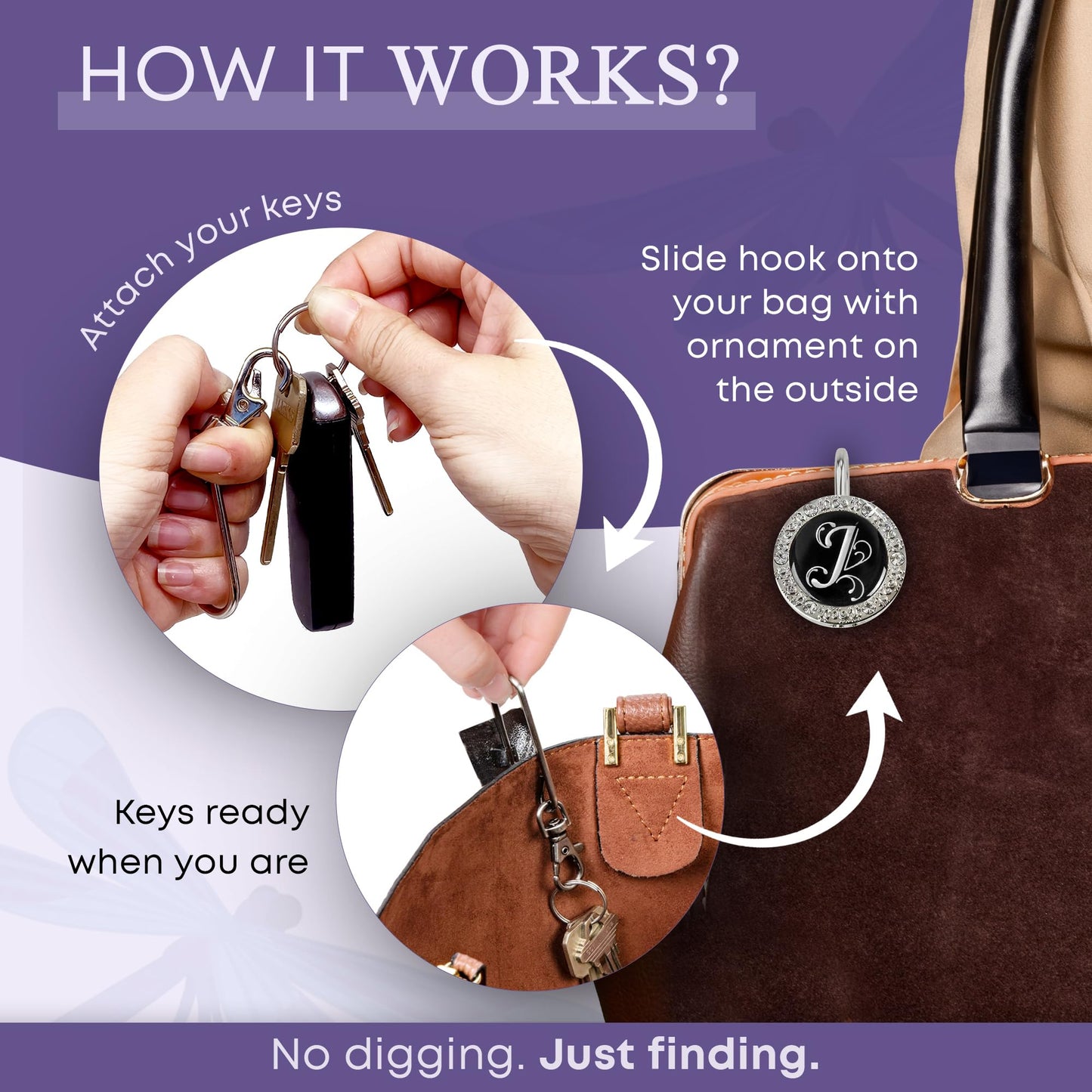 Women’s Bag Charm Key Finder, Car Keychain Hook, Cute Purse Organizer & Tote Bag Accessories, Gifts for Mom - Monogram J