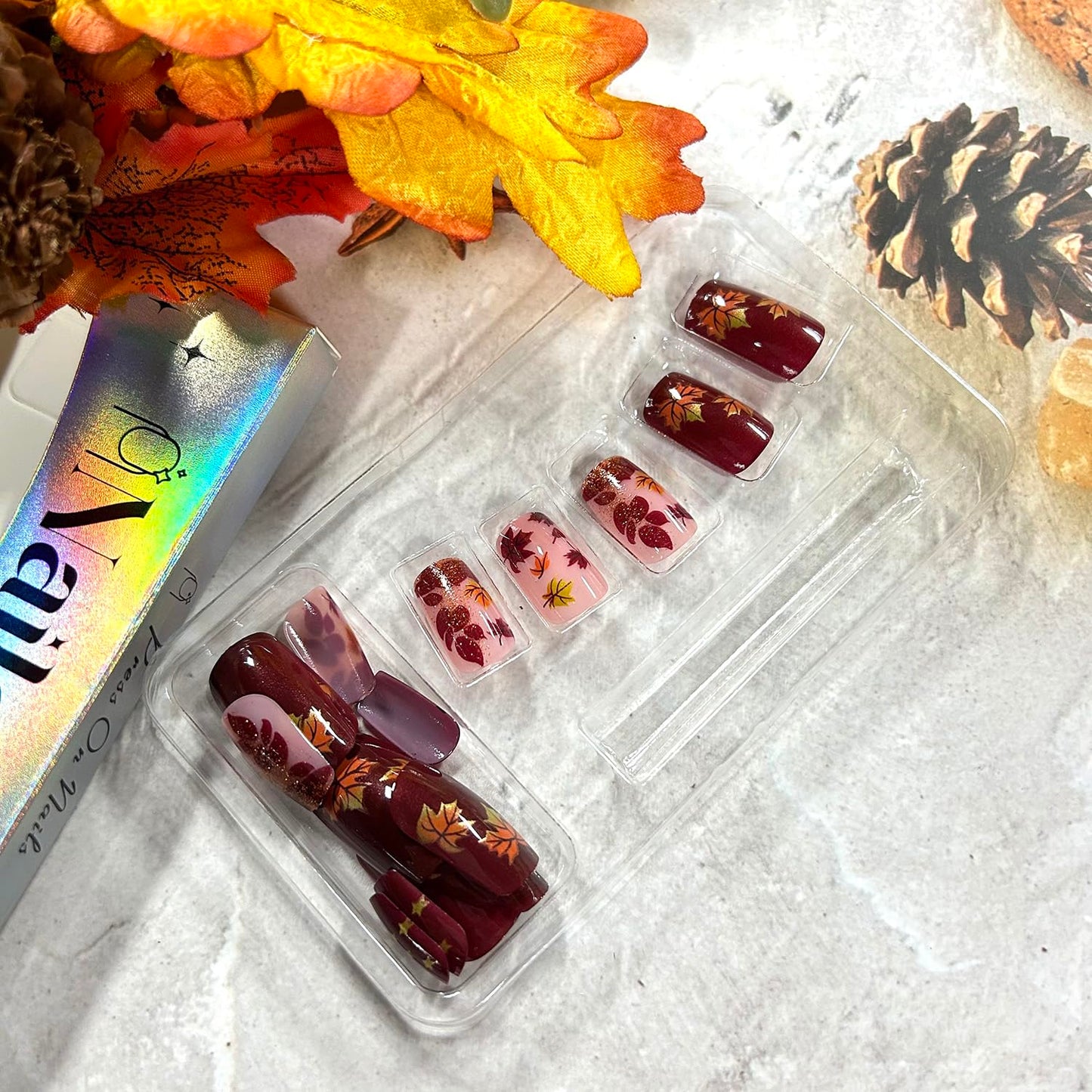 Thanksgiving Press on Nails Medium Ballet Maple Leaf Acrylic Nails Glitter Powder Maple Leaf Design Fall Stick on Nail Full Cover Glossy Artificial Fingernails Autumn Festival Glue on Nails for Women