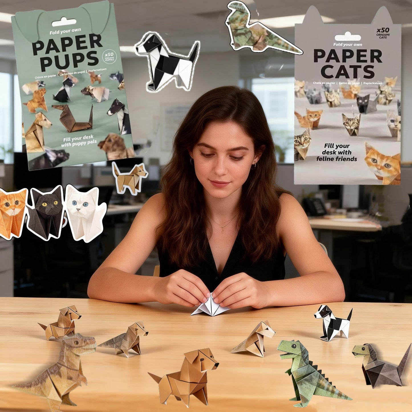 150 Sheets DIY Origami Paper to Fold, Fun 3D Paper Dog & Cat Dinosaur Models DIY Origami Paper Cats Set, Cute Pet Figures Fun Craft Activity Desk Decoration & Gift for Cat Lovers Adults