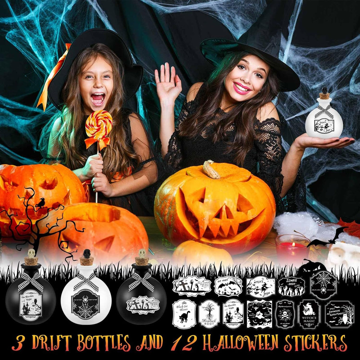 Tessco for you 3 Set Halloween Potion Bottles with Cork - Spherical Apothecary Glass Jars, 20 Gothic Labels(Ghost/Bat/Witch), Tiered Tray Decoration for Farmhouse Table, Home Indoor Halloween