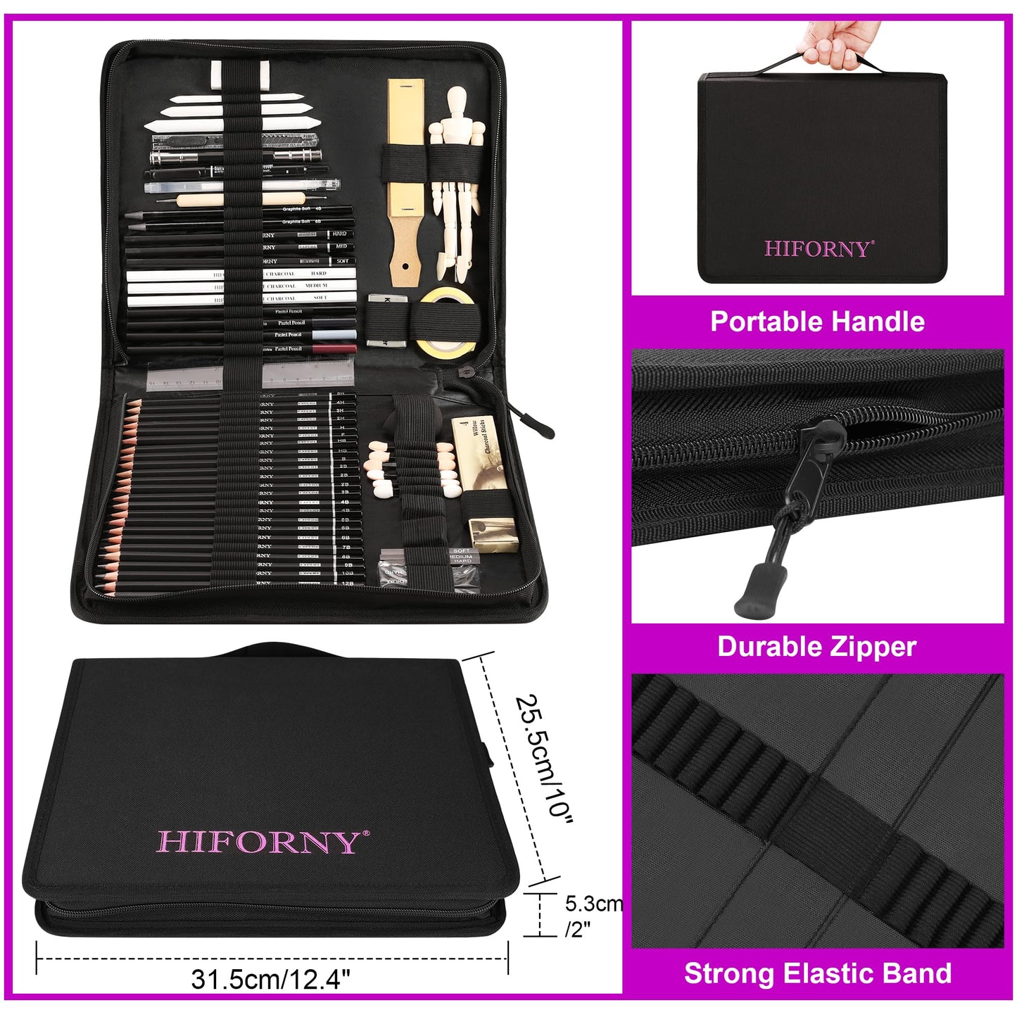 HIFORNY 70 PCS Drawing Set Sketching Kit,Sketch Pencils Art Supplies with Graphite,Charcoal,Blending Tools & Accessories,Portable Zippered Travel Case for Artists & Beginners