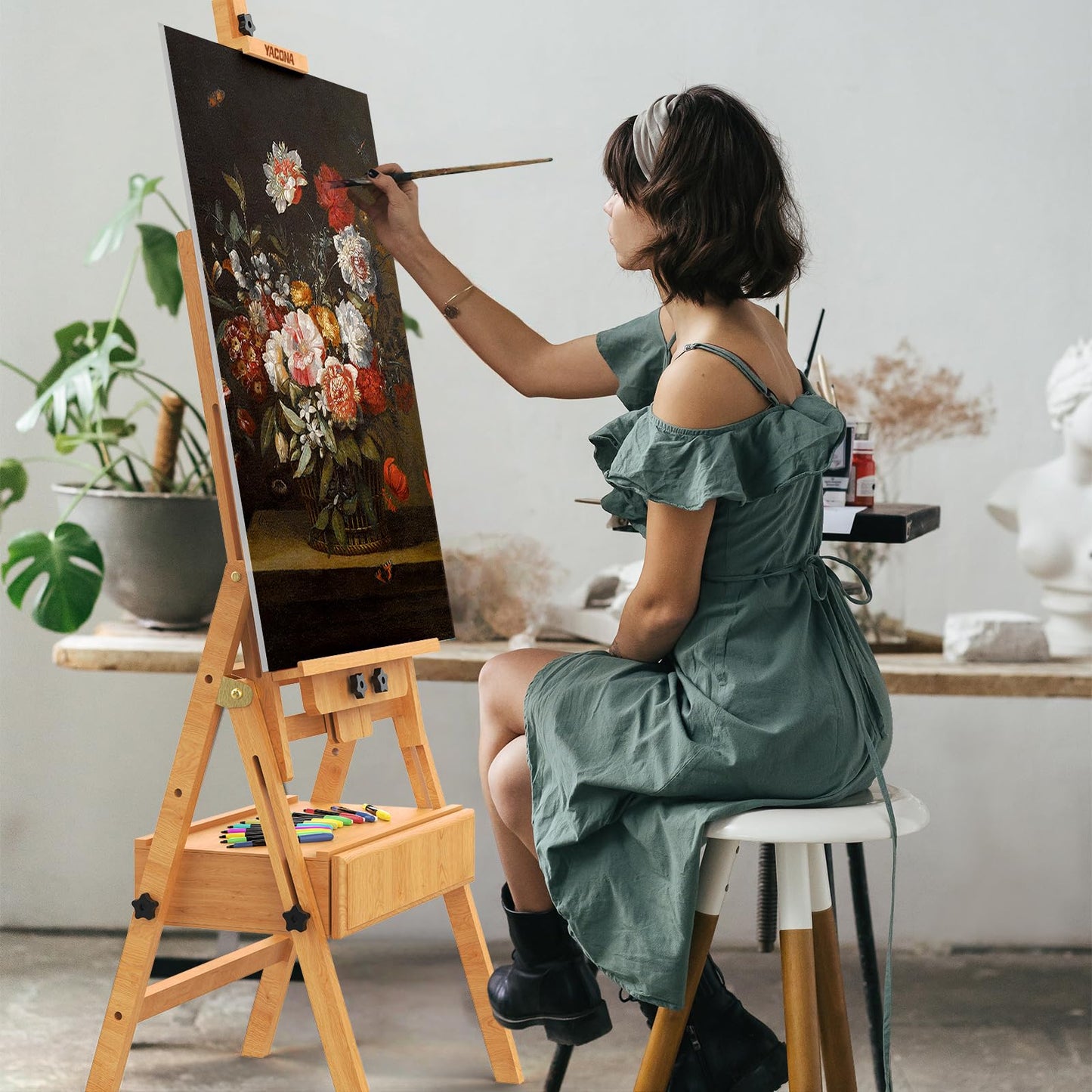 Large Wood H-Frame Easel with Storage Drawer, Foldable Art Painting Easel for Adults and Students, Adjustable Artist Easel Stand for Painting and Display, Holds Canvas Art up to 48"