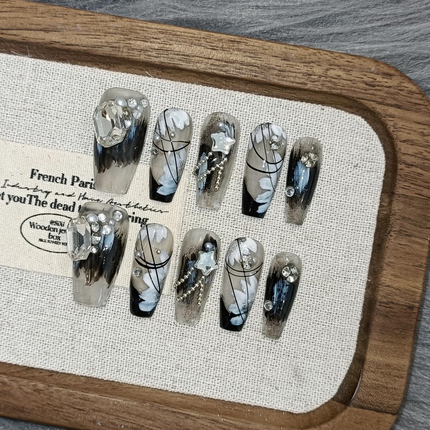 TENPAL 10PCS Gothic Coffin Press on Nails with Tools Kit - Black French Tips Fake Nails with Oriental Chain & Crystal Design | Dark Rebel Glue on Nails Medium | Icy Dark Elegant Chinese Style Nails(S)