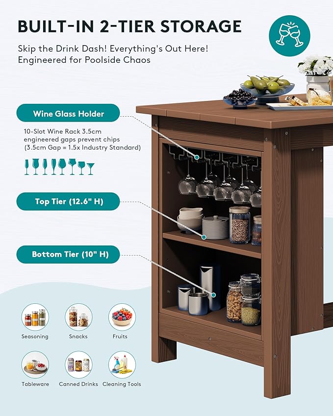 SERWALL 8-Piece HDPE Counter Height Dining Table Sets with Storage and Wine Rack, 2 Rectangular Bar Table with Bar Stools Set of 6 for Garden, Backyard, Kitchen, Brown