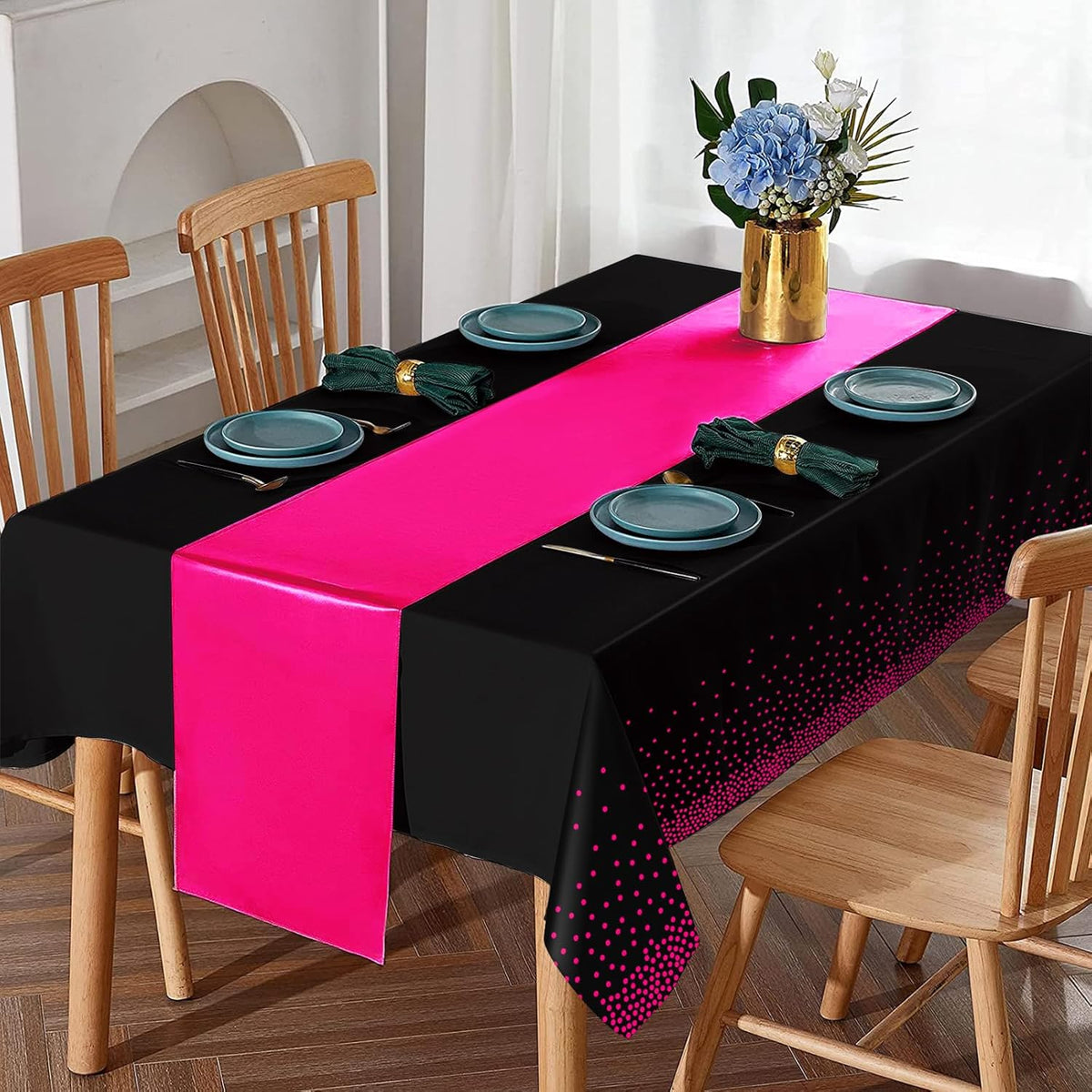 8Pack Disposable Plastic Party Tablecloths and Satin Table Runner Set Black Hot Pink Dot Table Cloth Hot Pink Satin Table Runner for Wedding Birthday Baby Shower Anniversary Holiday Party Decorations