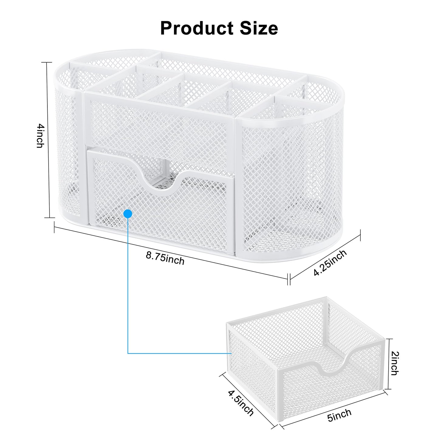 EasyPAG Mesh Pen Holder Desk Organizer with Drawer Stationery Supplies Organizer for Dorm School 9 Compartments Workspace Desk Accessories Organization for Office, White